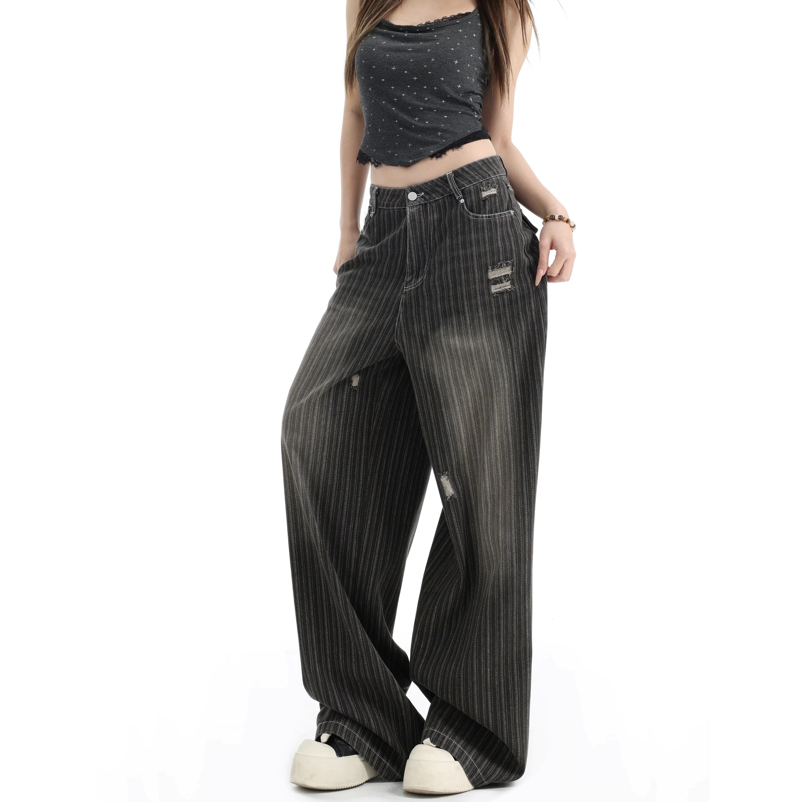 Vintage Vertical Stripe Loose Ripped Jeans IN7063