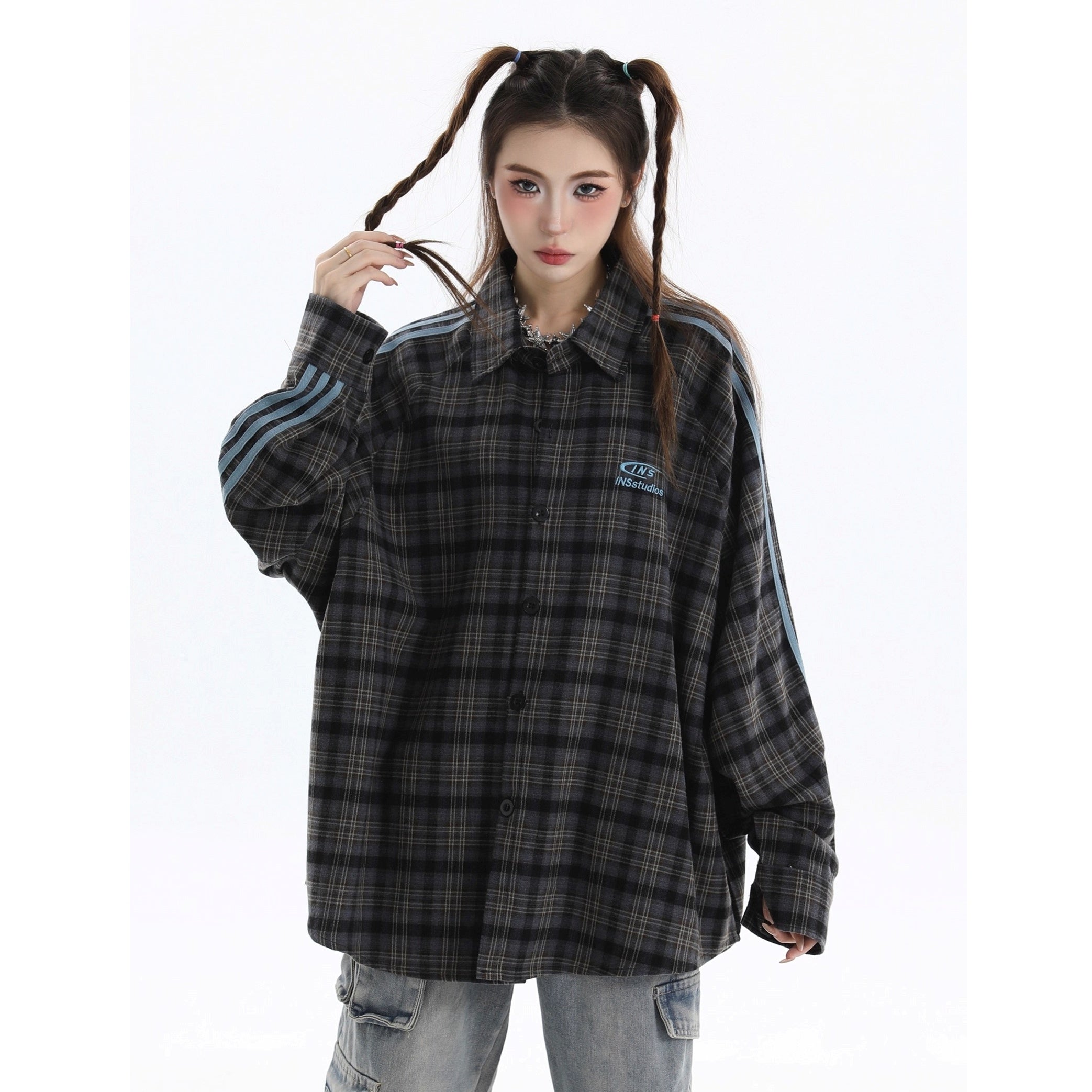 Three-bar Plaid Loose Shirt IN7077