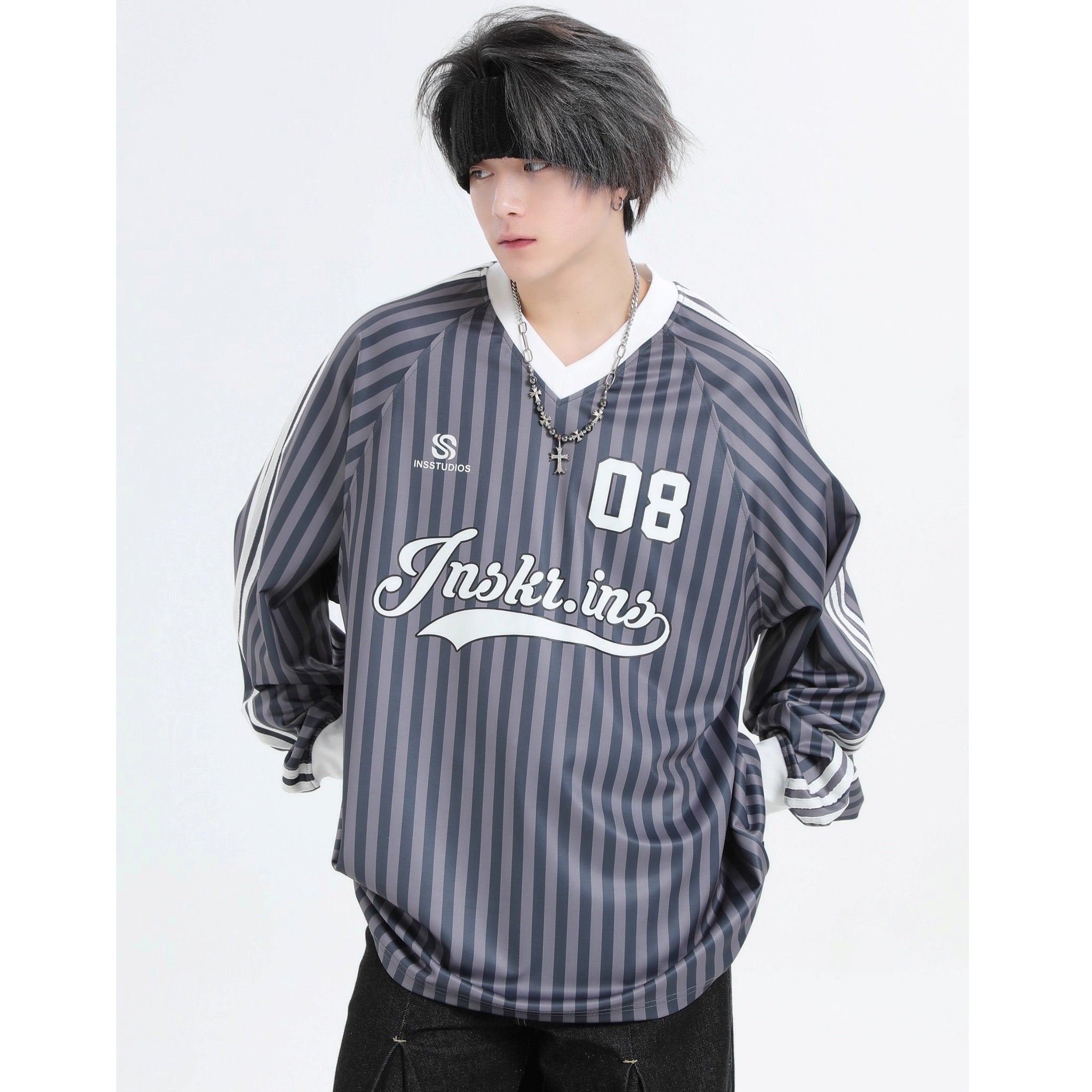 Stripe V-Neck Long Sleeve Sporty T-Shirt IN7073