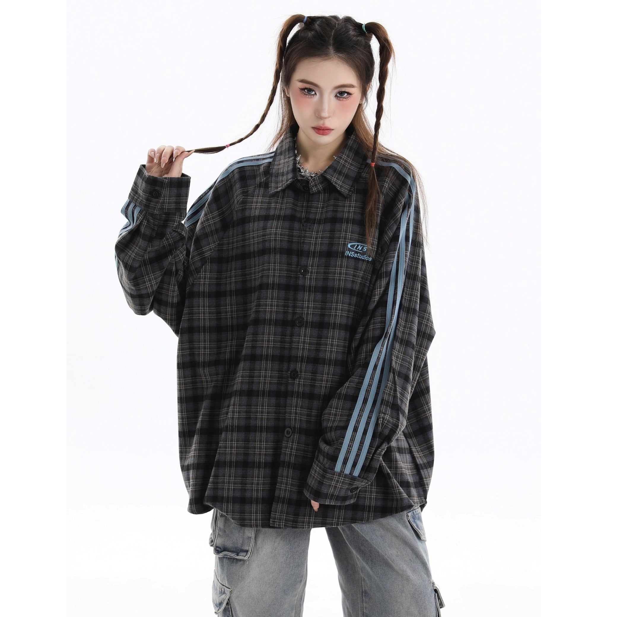 Three-bar Plaid Loose Shirt IN7077