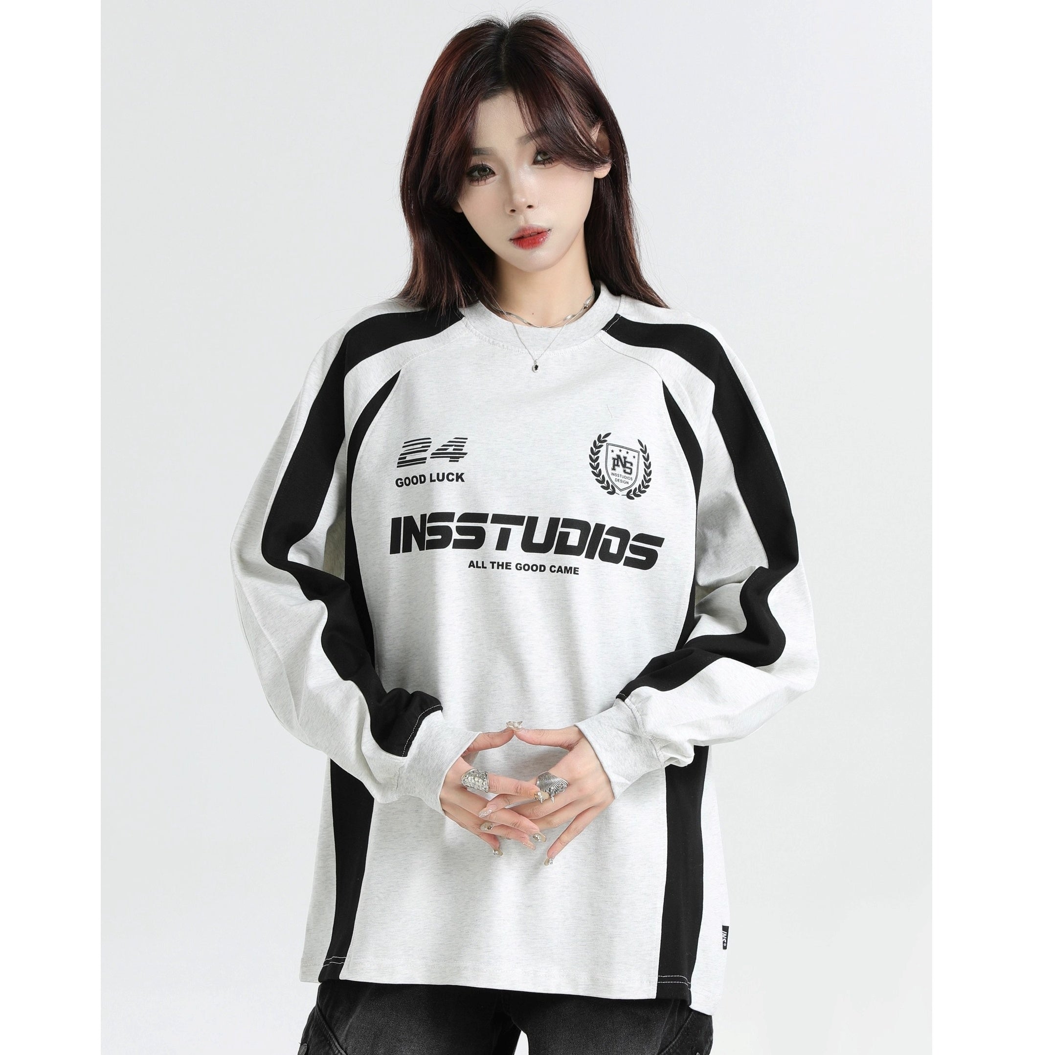 Contrasting Stitching Racing LOGO Long Sleeve T-shirt IN7074