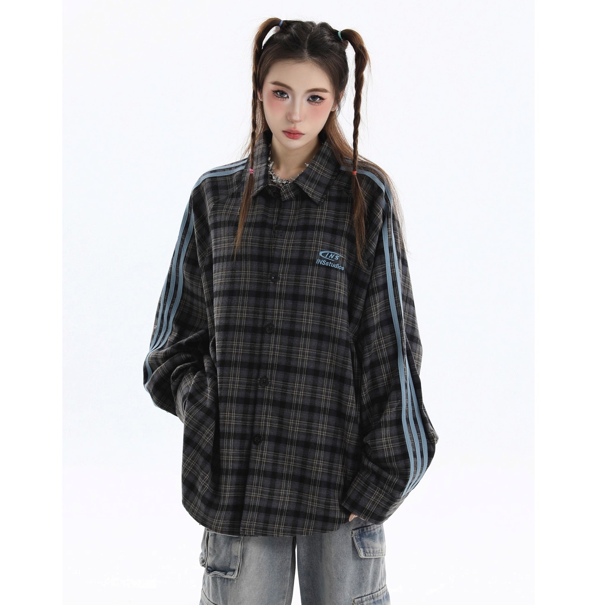 Three-bar Plaid Loose Shirt IN7077