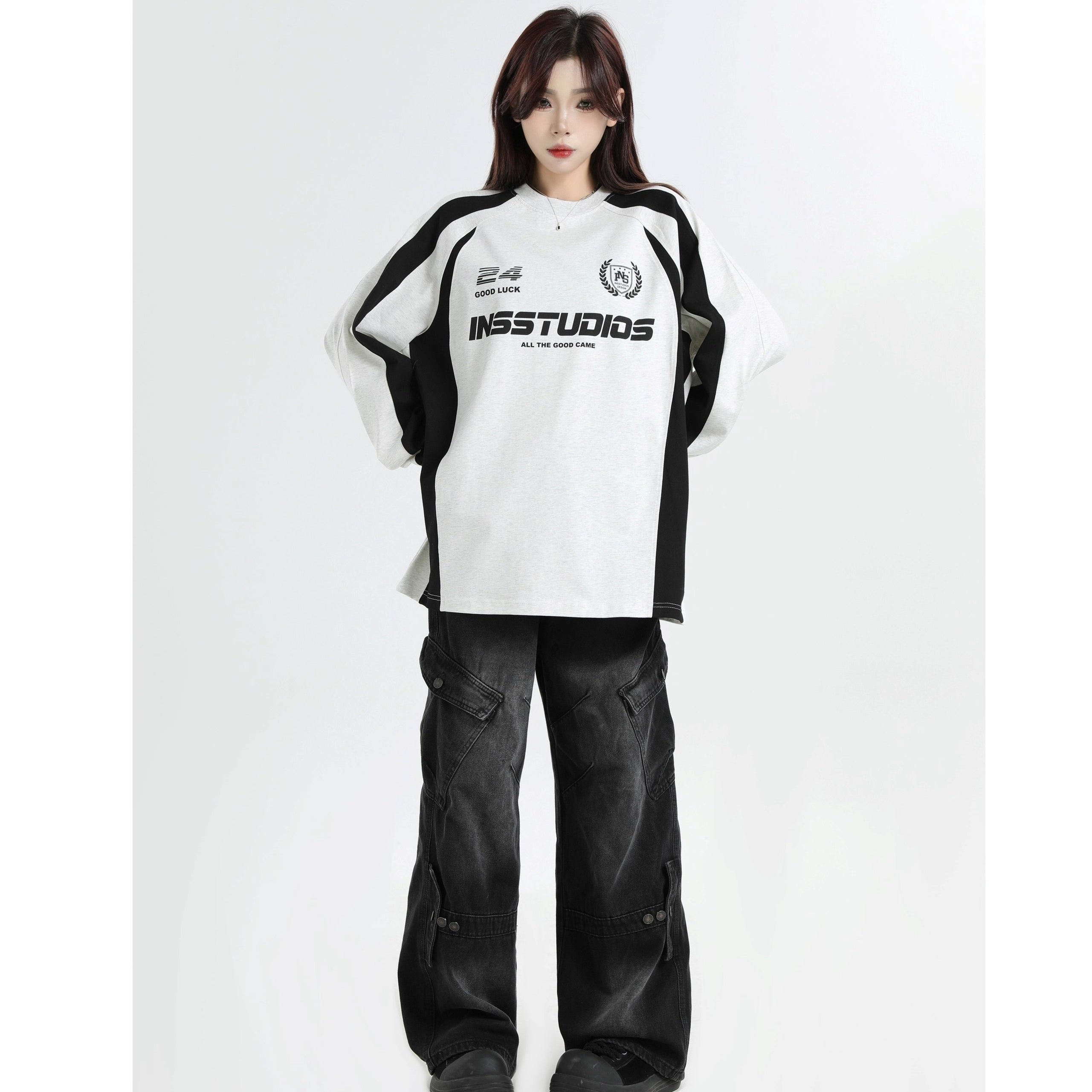 Contrasting Stitching Racing LOGO Long Sleeve T-shirt IN7074