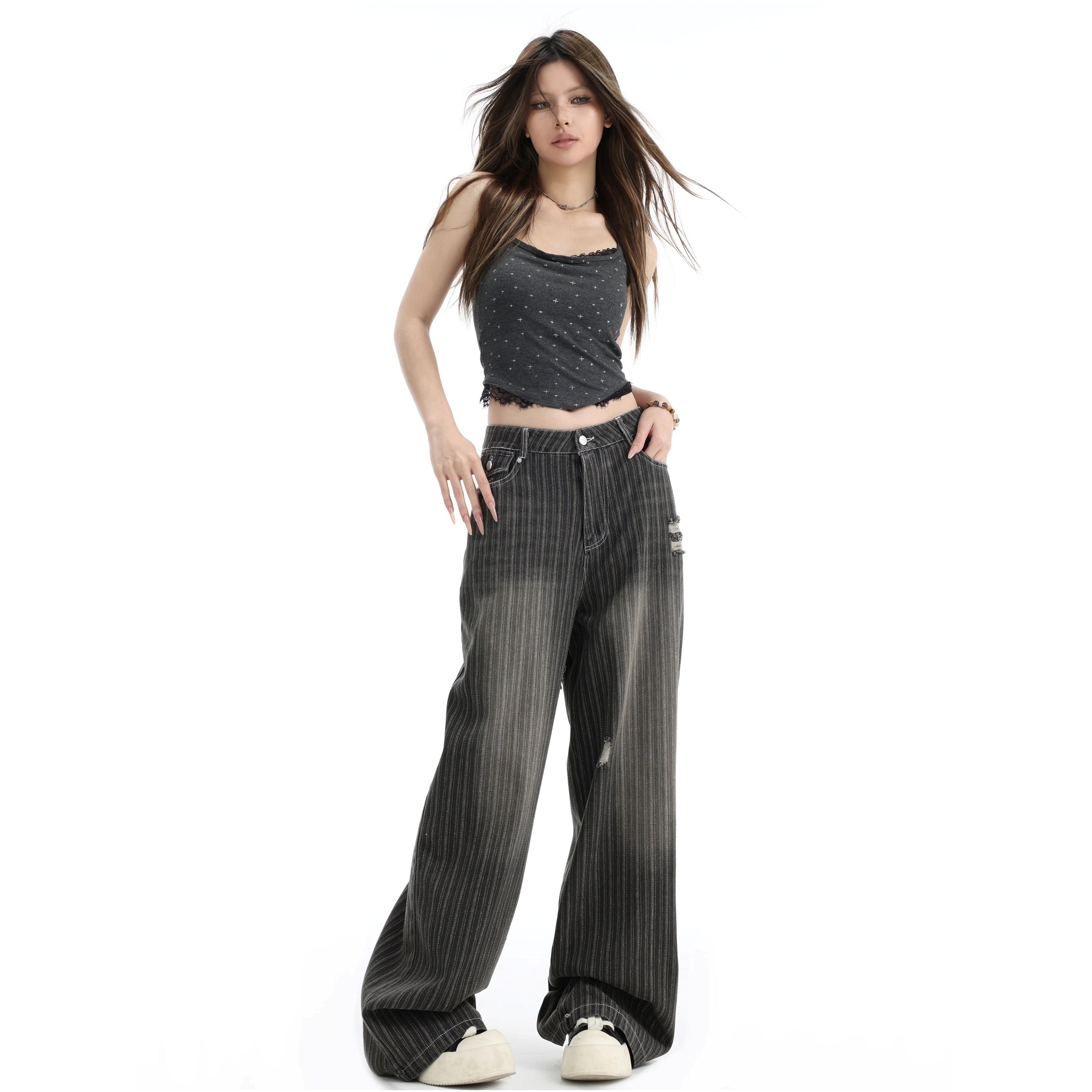 Vintage Vertical Stripe Loose Ripped Jeans IN7063