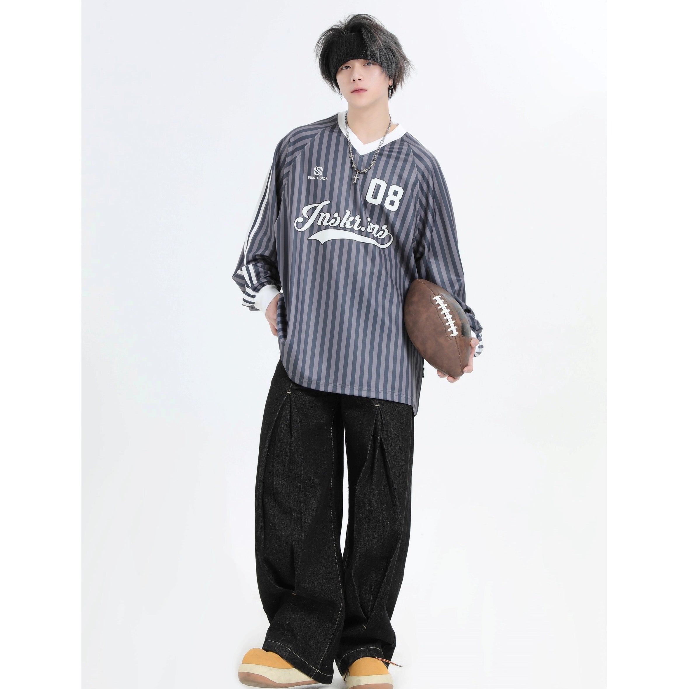 Stripe V-Neck Long Sleeve Sporty T-Shirt IN7073