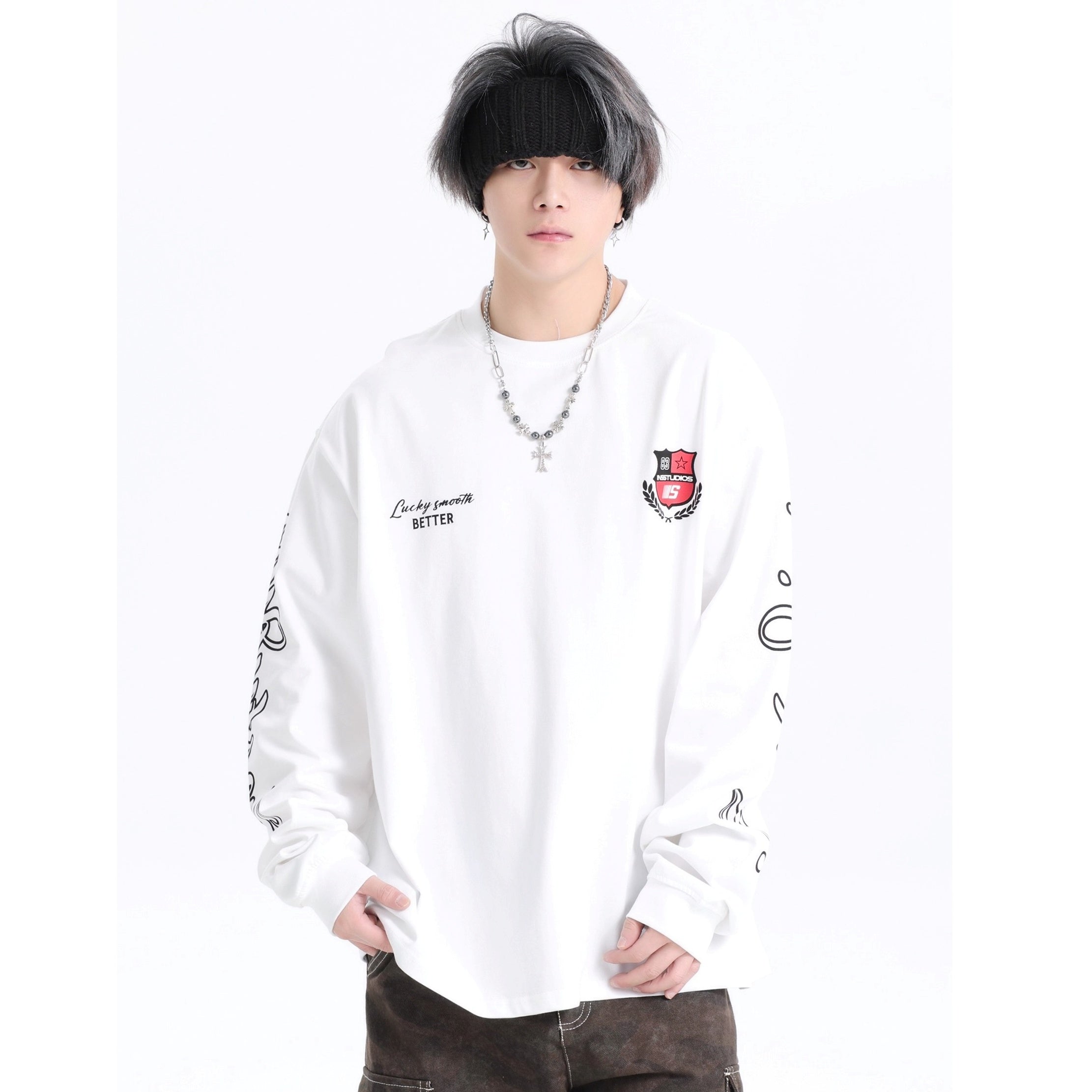 Retro Badge Print LOGO Long Sleeve T-Shirt IN7072
