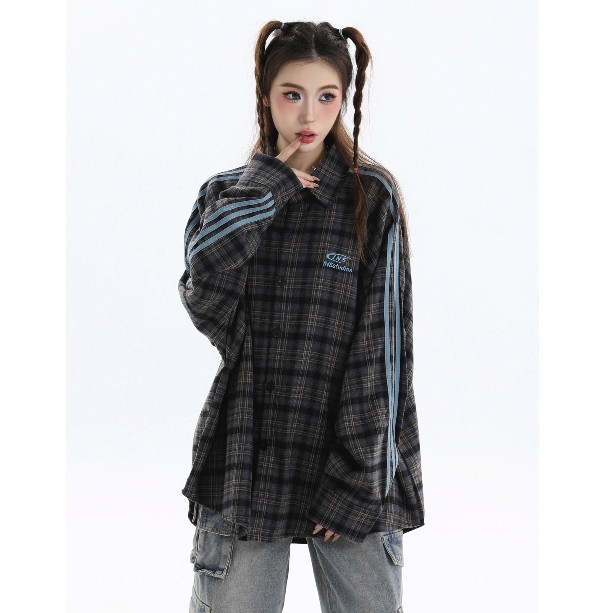 Three-bar Plaid Loose Shirt IN7077