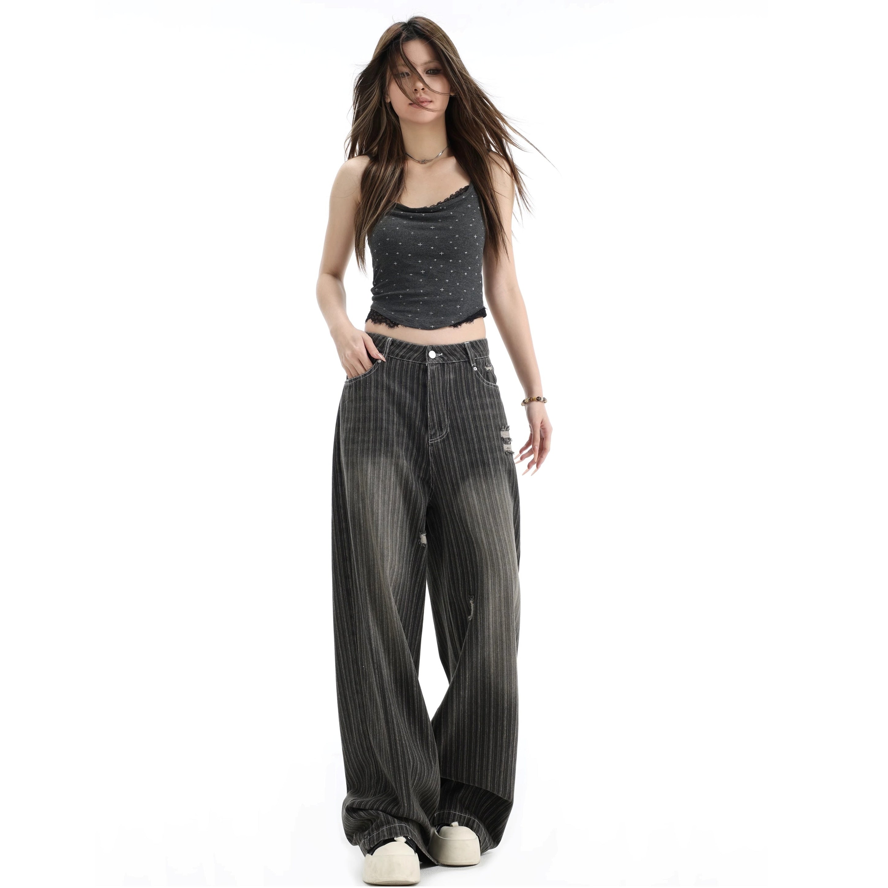 Vintage Vertical Stripe Loose Ripped Jeans IN7063