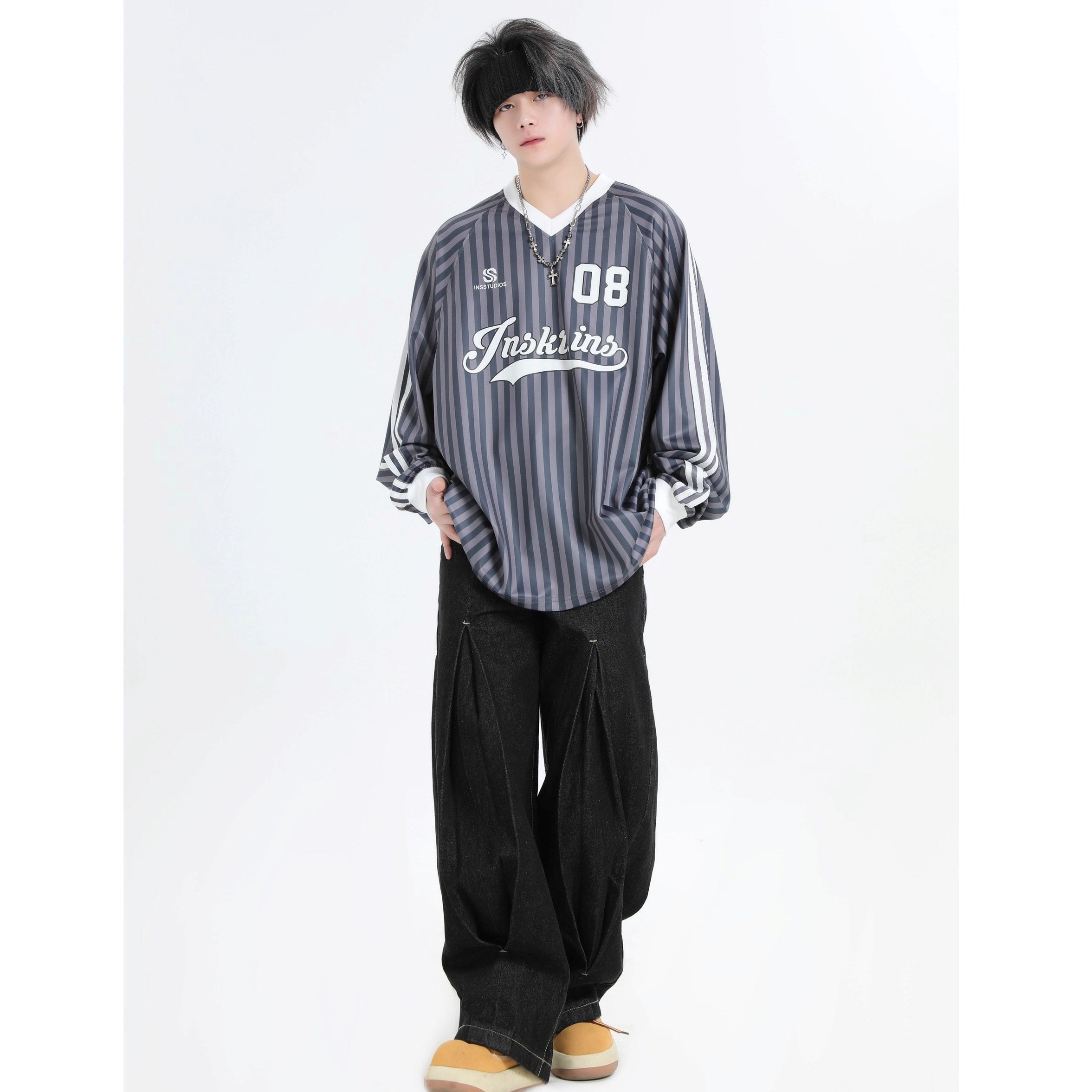 Stripe V-Neck Long Sleeve Sporty T-Shirt IN7073