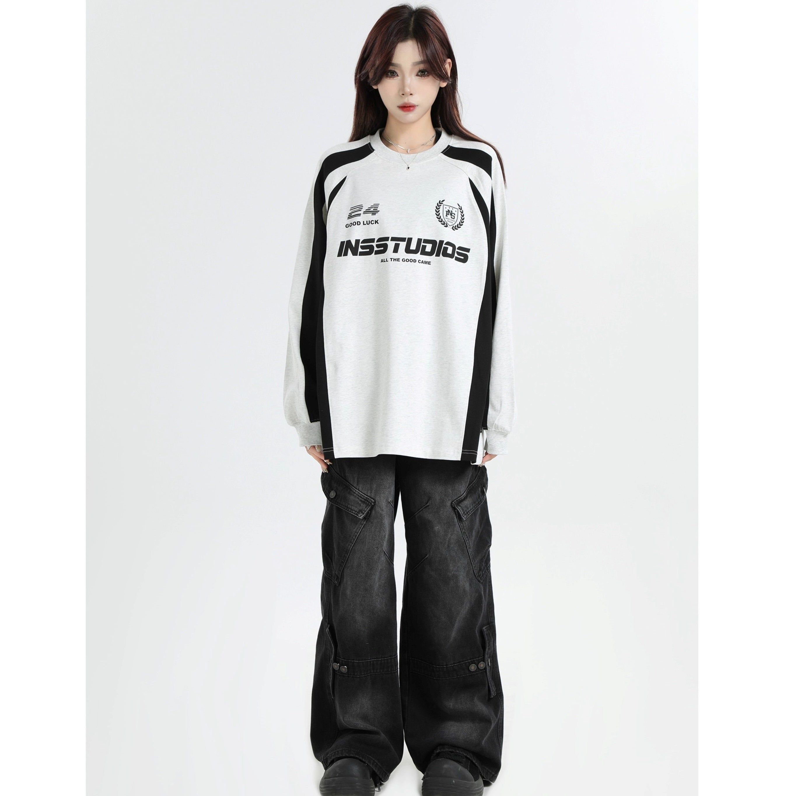 Contrasting Stitching Racing LOGO Long Sleeve T-shirt IN7074