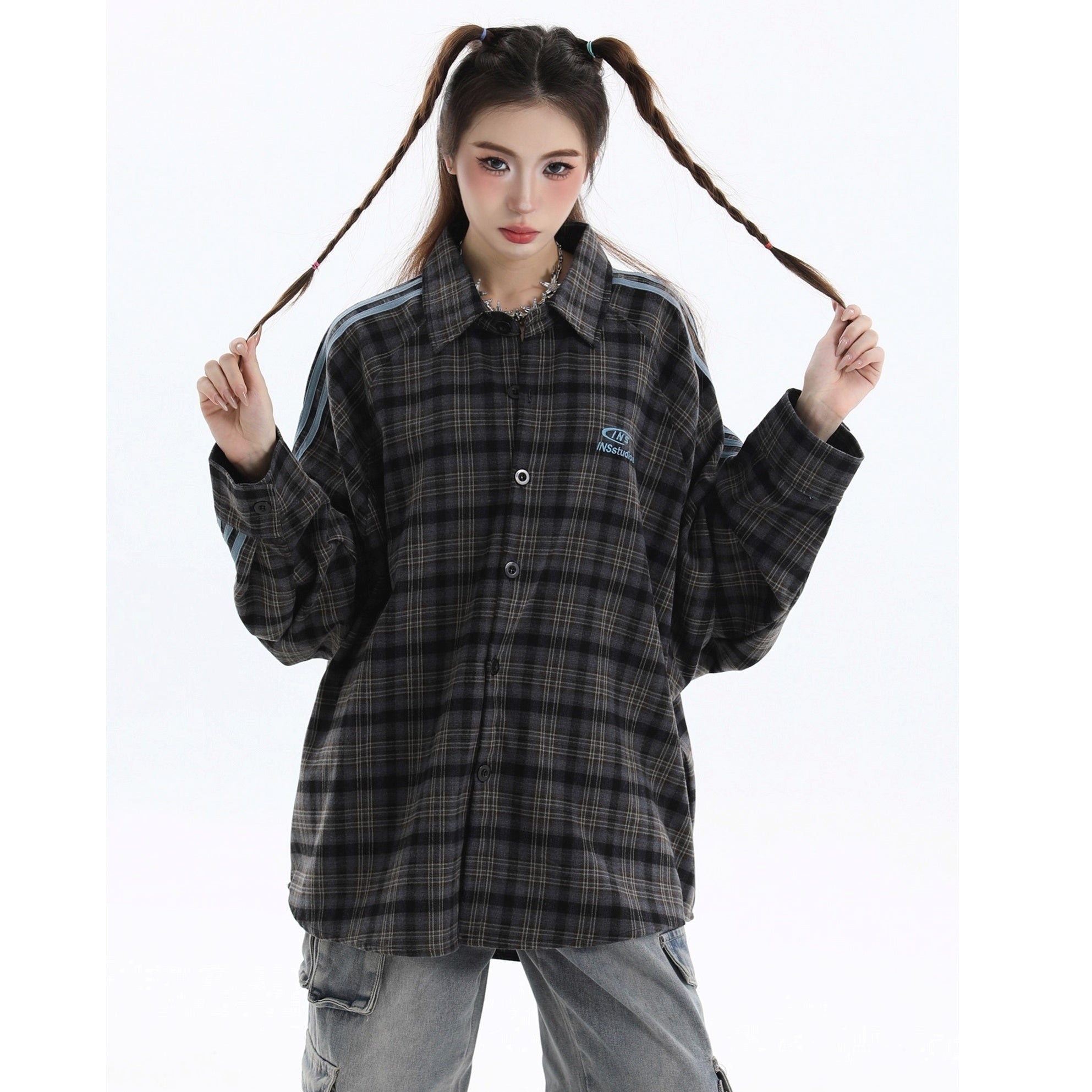 Three-bar Plaid Loose Shirt IN7077