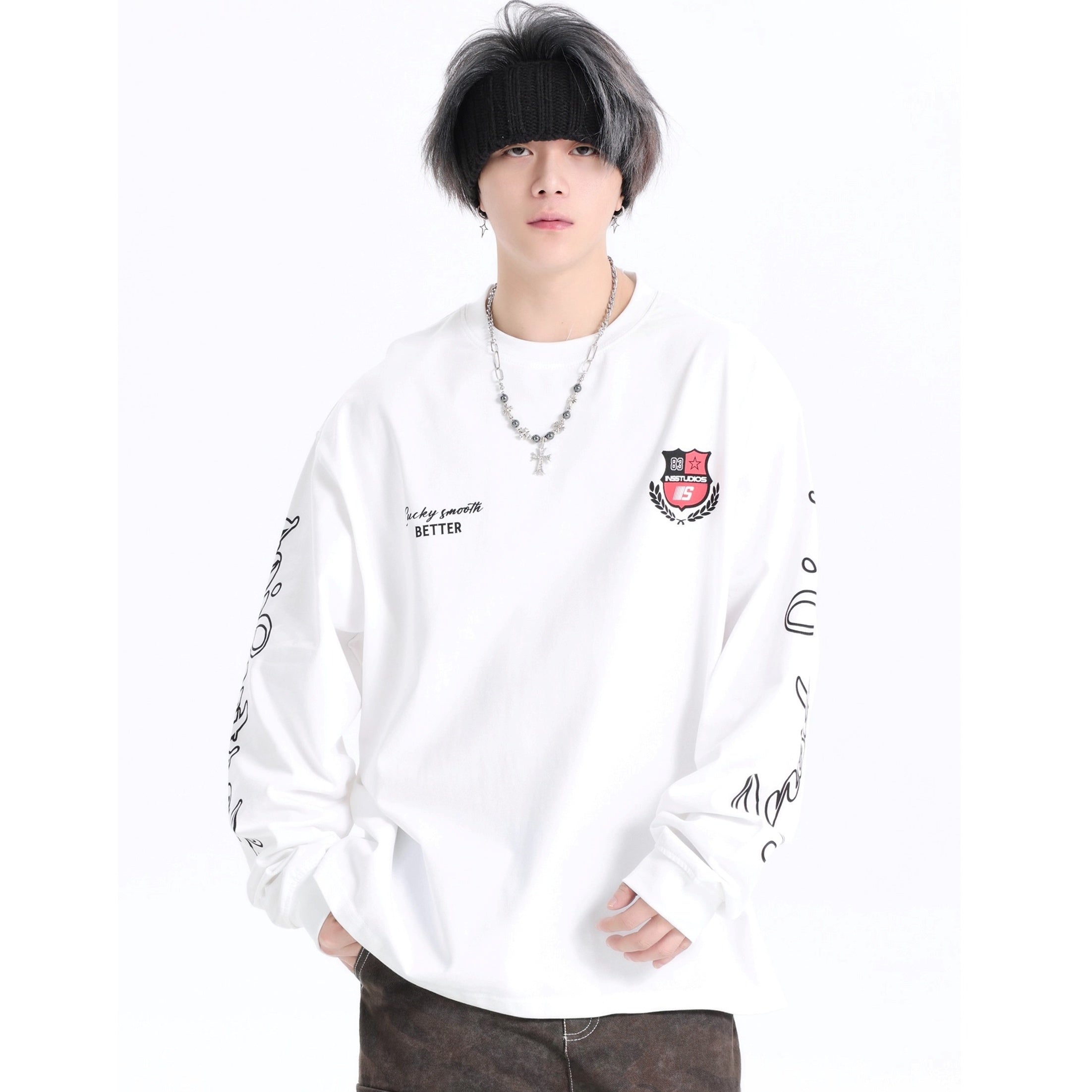Retro Badge Print LOGO Long Sleeve T-Shirt IN7072