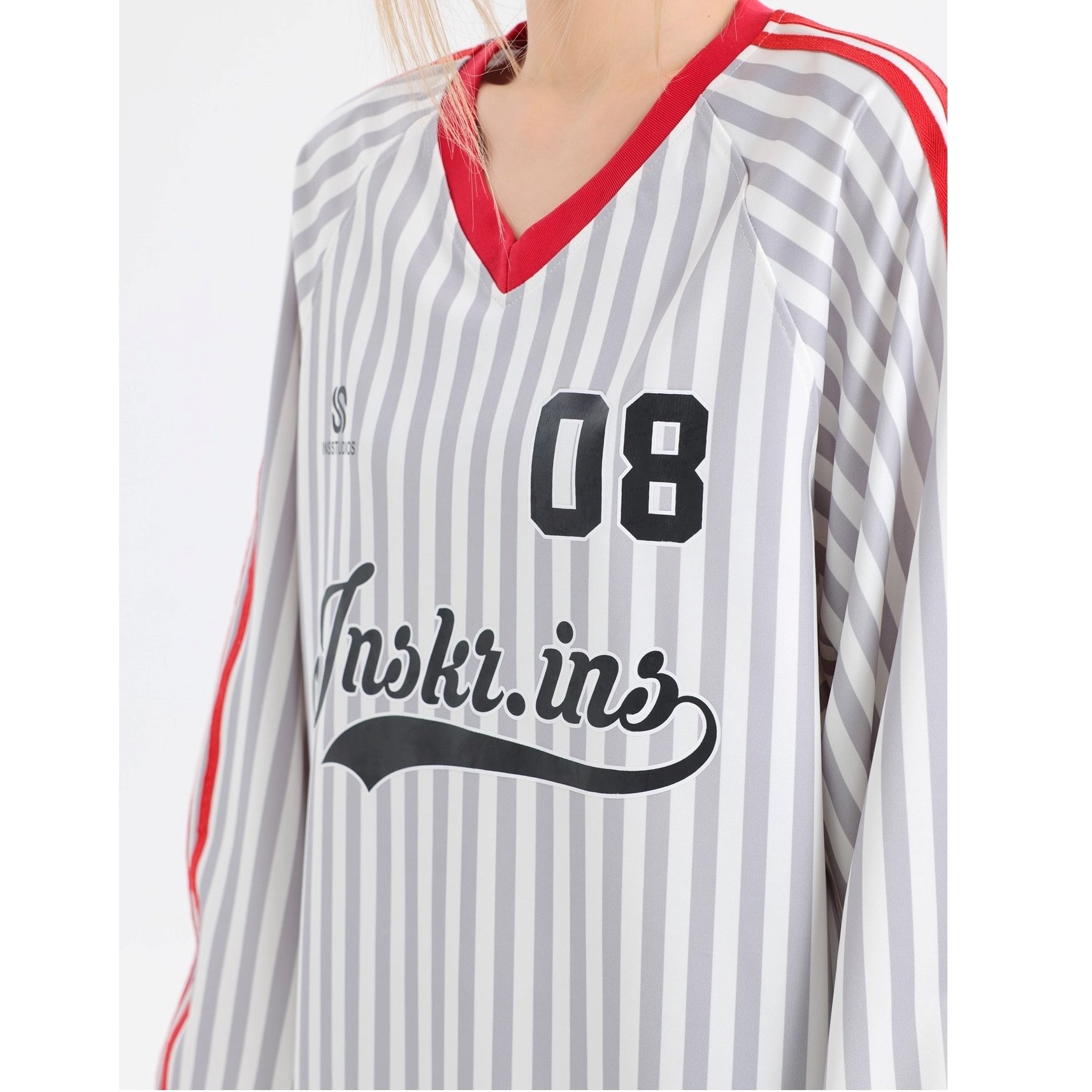 Stripe V-Neck Long Sleeve Sporty T-Shirt IN7073