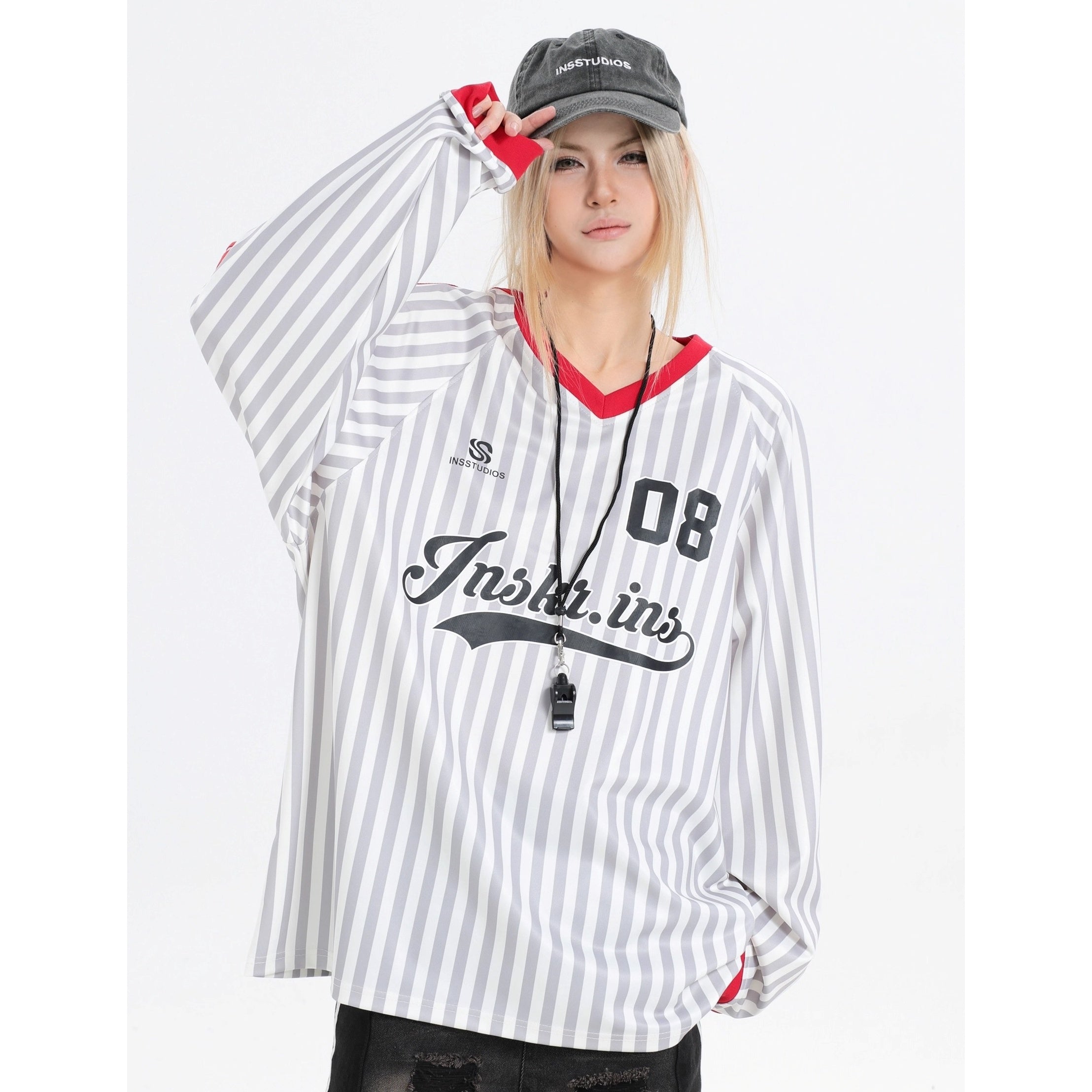 Stripe V-Neck Long Sleeve Sporty T-Shirt IN7073