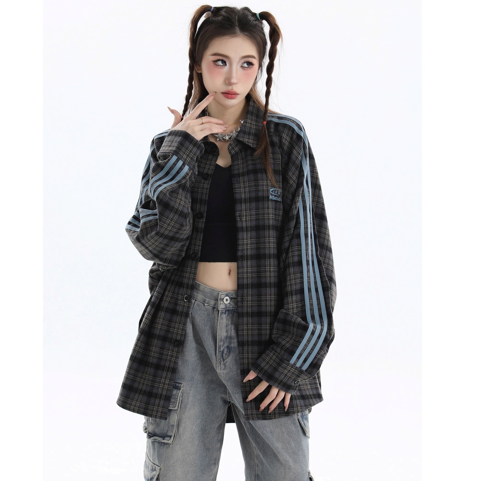 Three-bar Plaid Loose Shirt IN7077