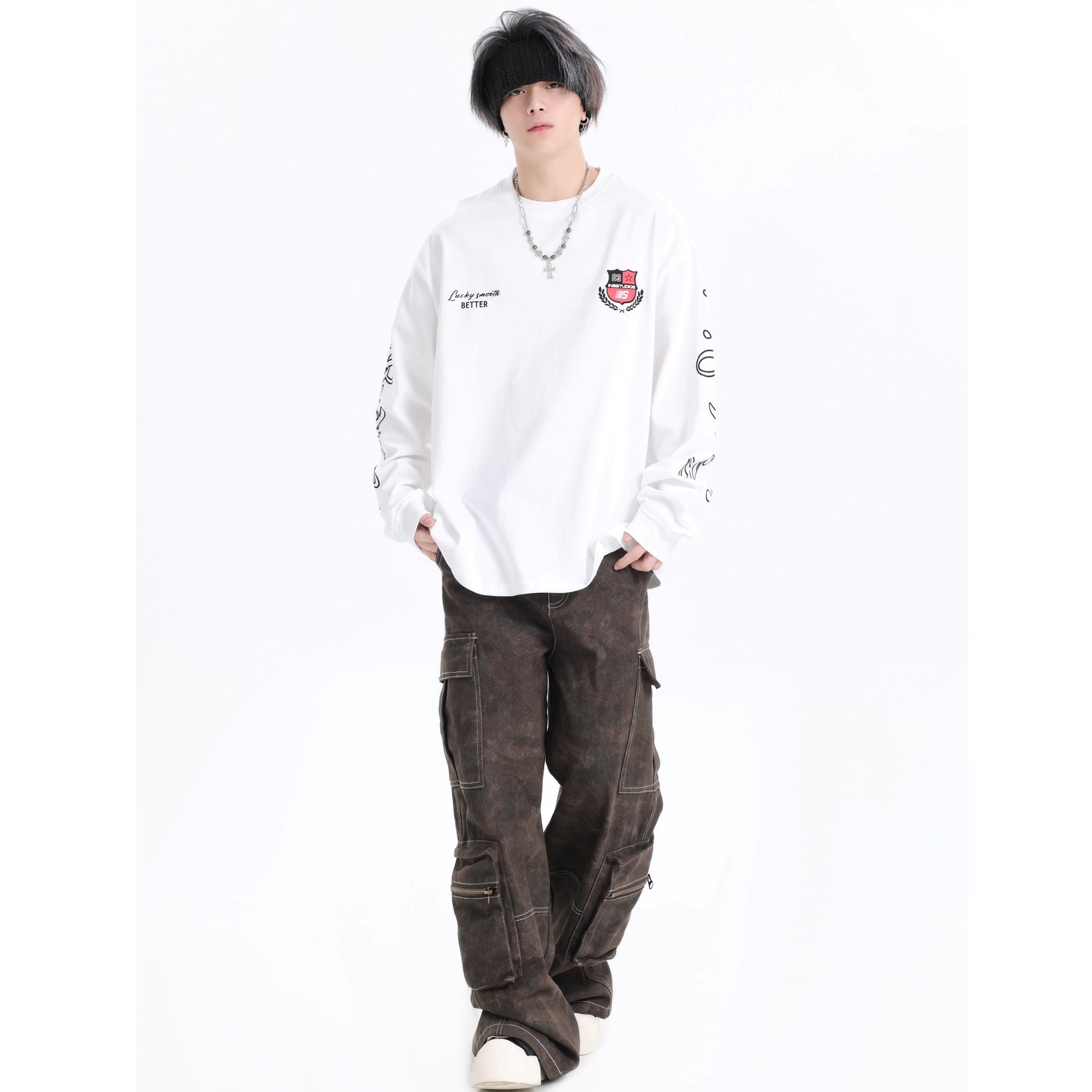 Retro Badge Print LOGO Long Sleeve T-Shirt IN7072