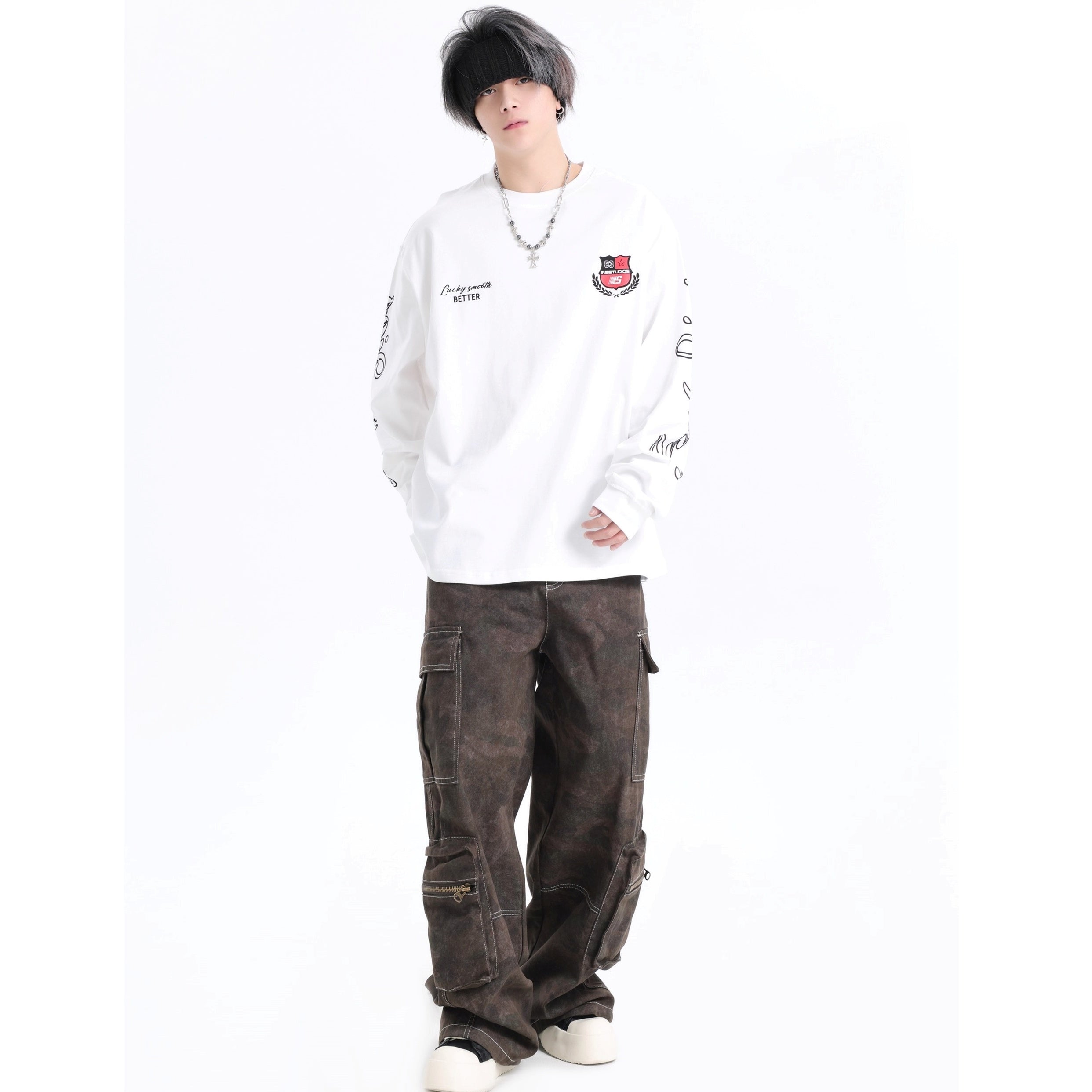 Retro Badge Print LOGO Long Sleeve T-Shirt IN7072