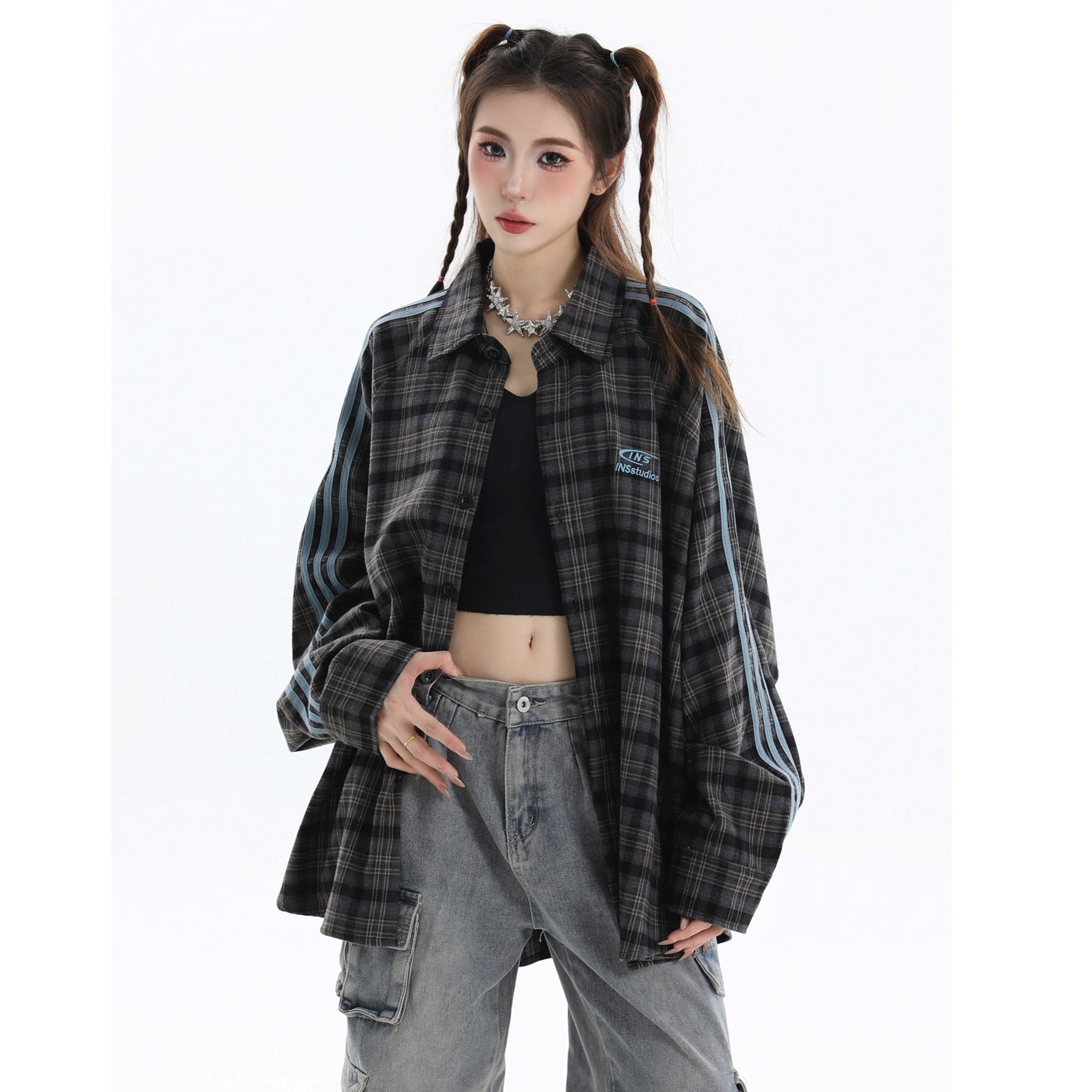 Three-bar Plaid Loose Shirt IN7077