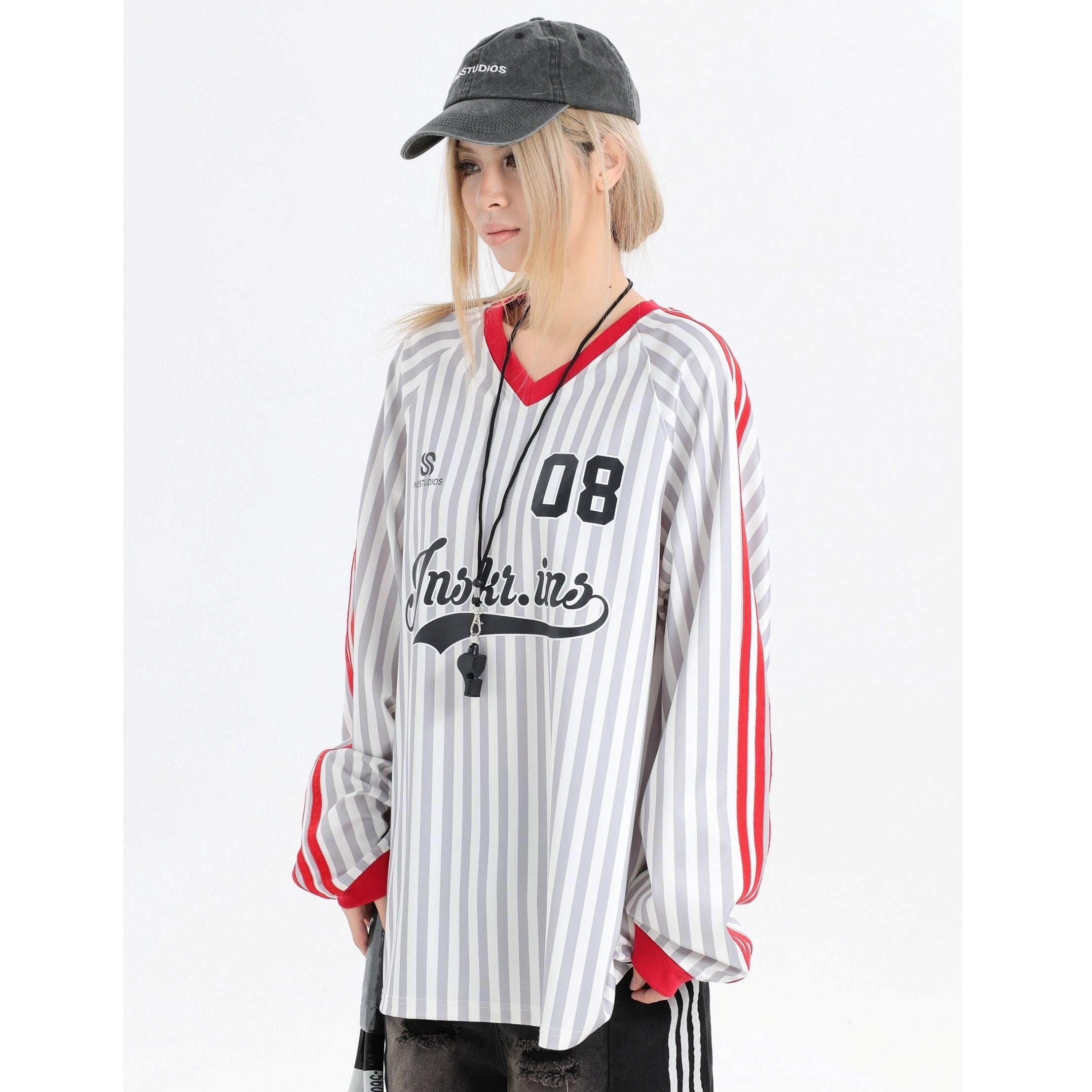 Stripe V-Neck Long Sleeve Sporty T-Shirt IN7073
