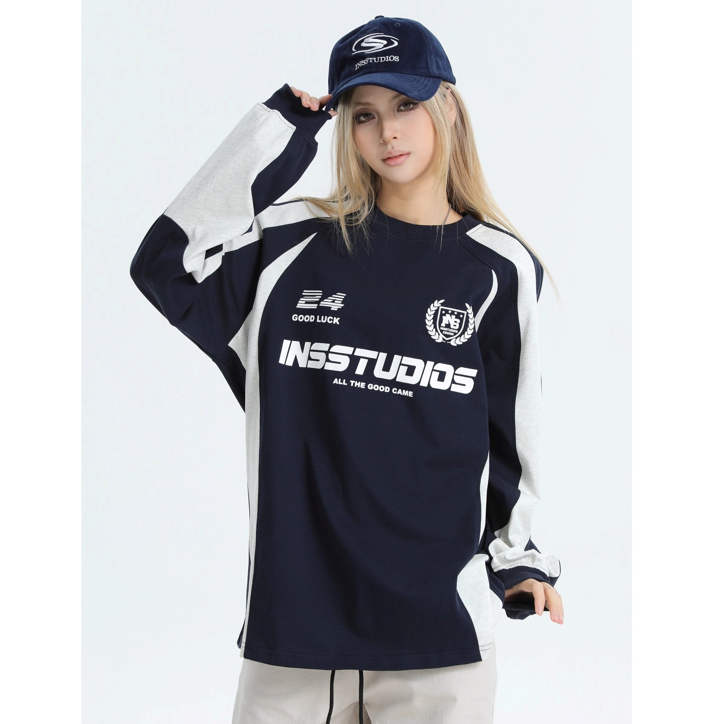 Contrasting Stitching Racing LOGO Long Sleeve T-shirt IN7074