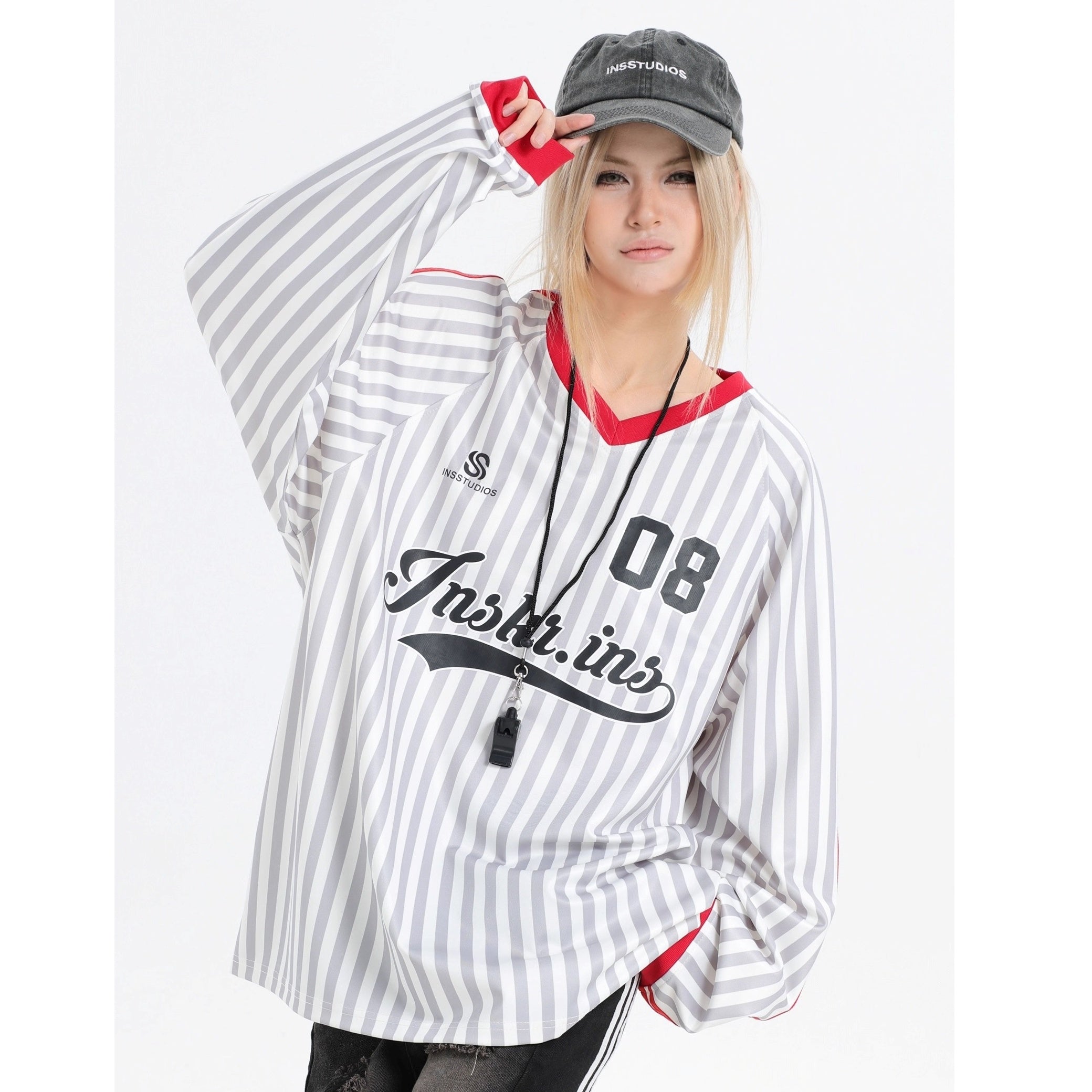 Stripe V-Neck Long Sleeve Sporty T-Shirt IN7073