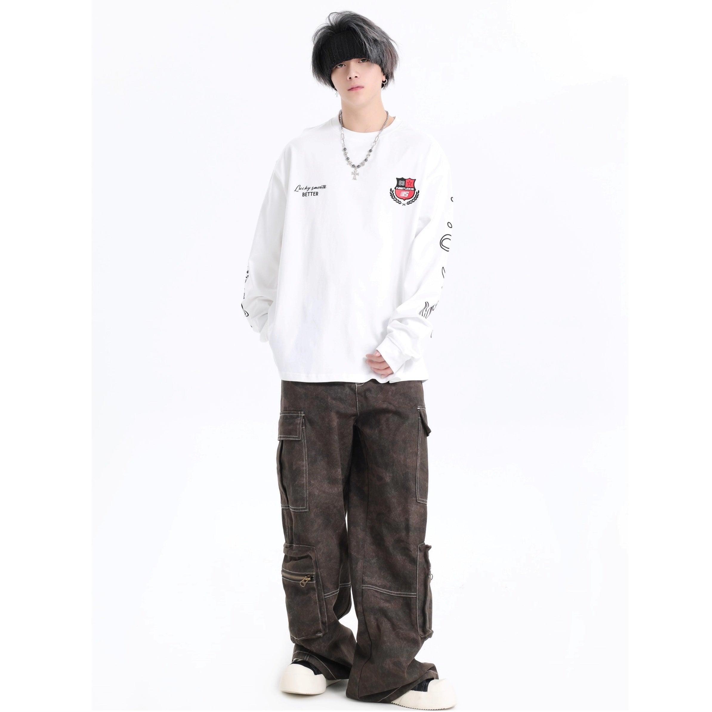 Retro Badge Print LOGO Long Sleeve T-Shirt IN7072