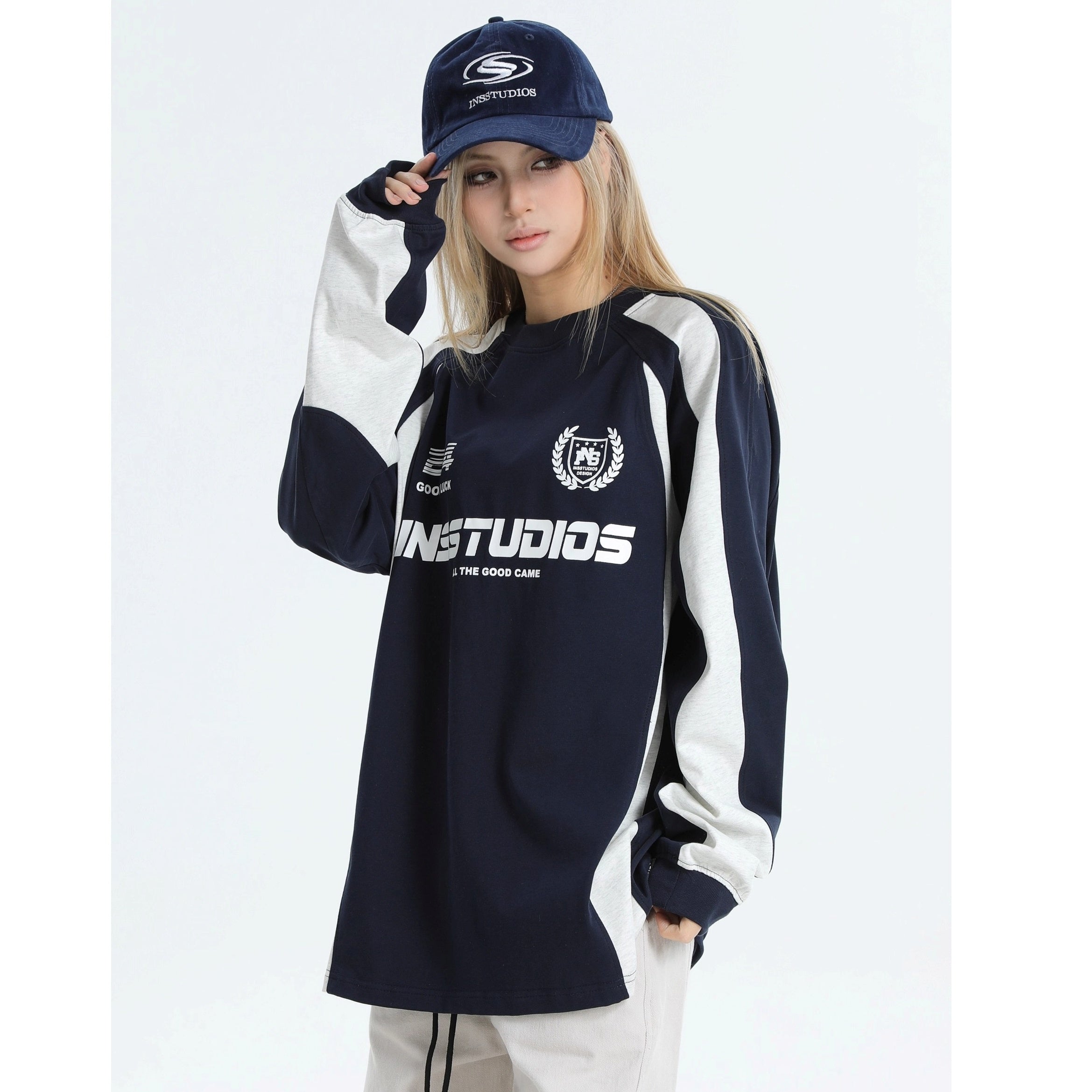 Contrasting Stitching Racing LOGO Long Sleeve T-shirt IN7074