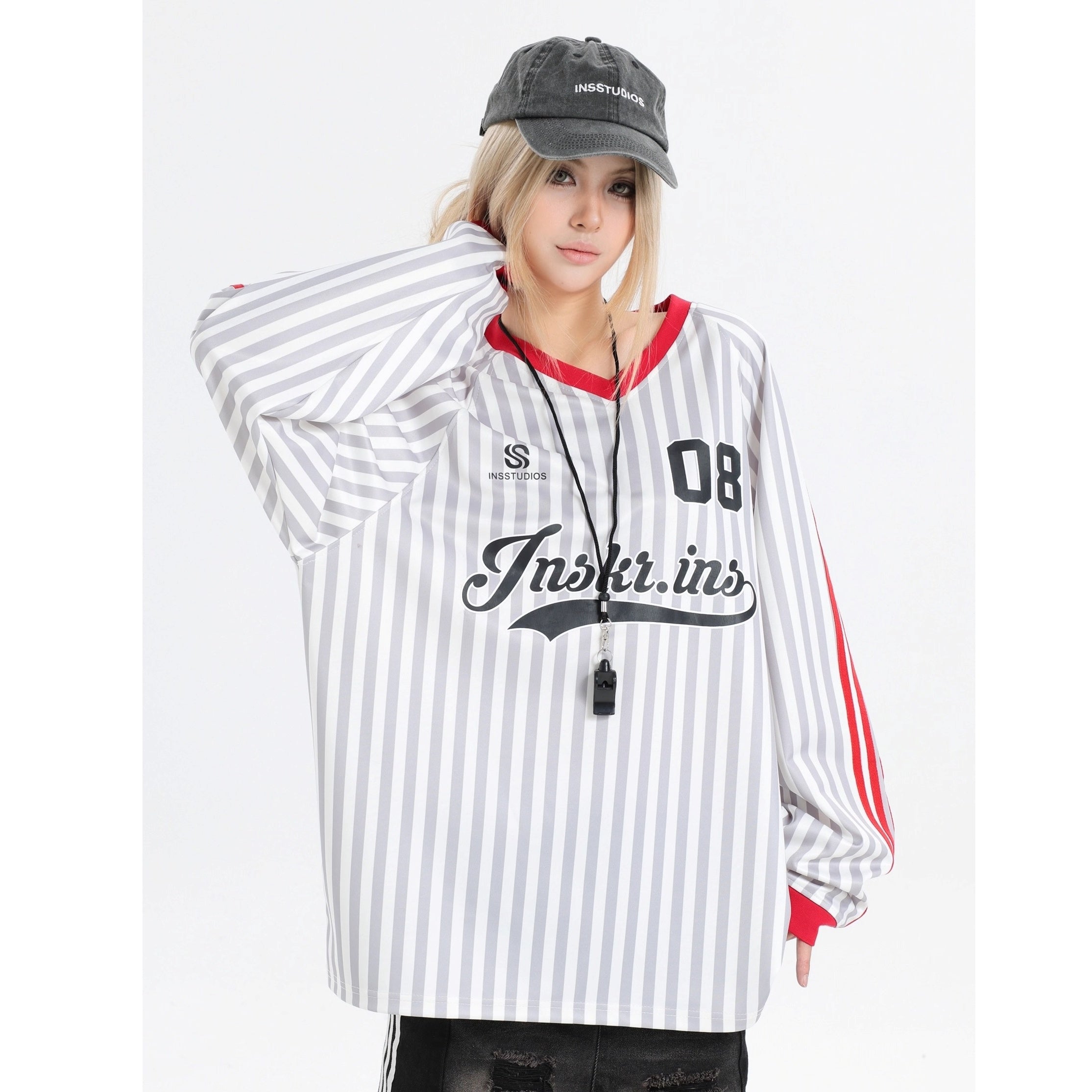 Stripe V-Neck Long Sleeve Sporty T-Shirt IN7073