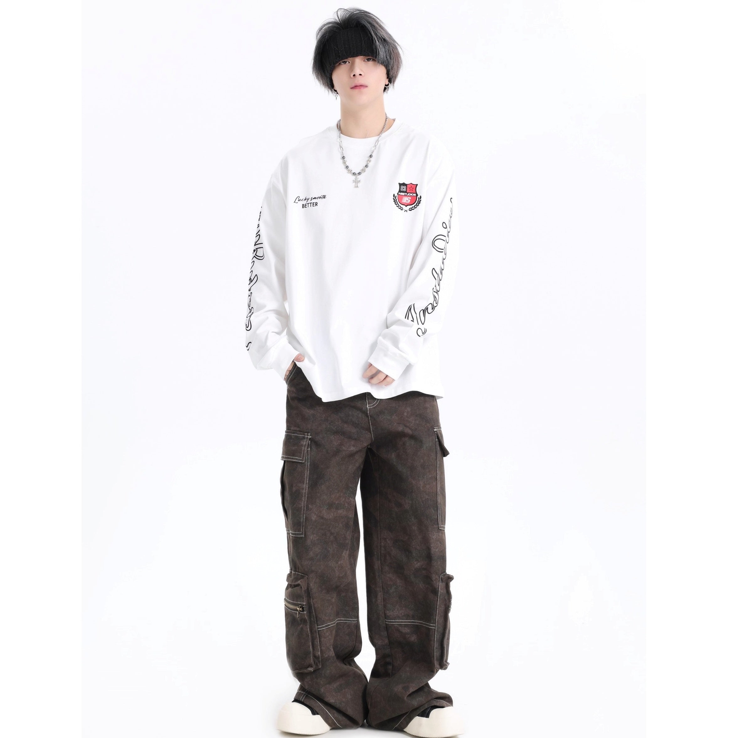 Retro Badge Print LOGO Long Sleeve T-Shirt IN7072