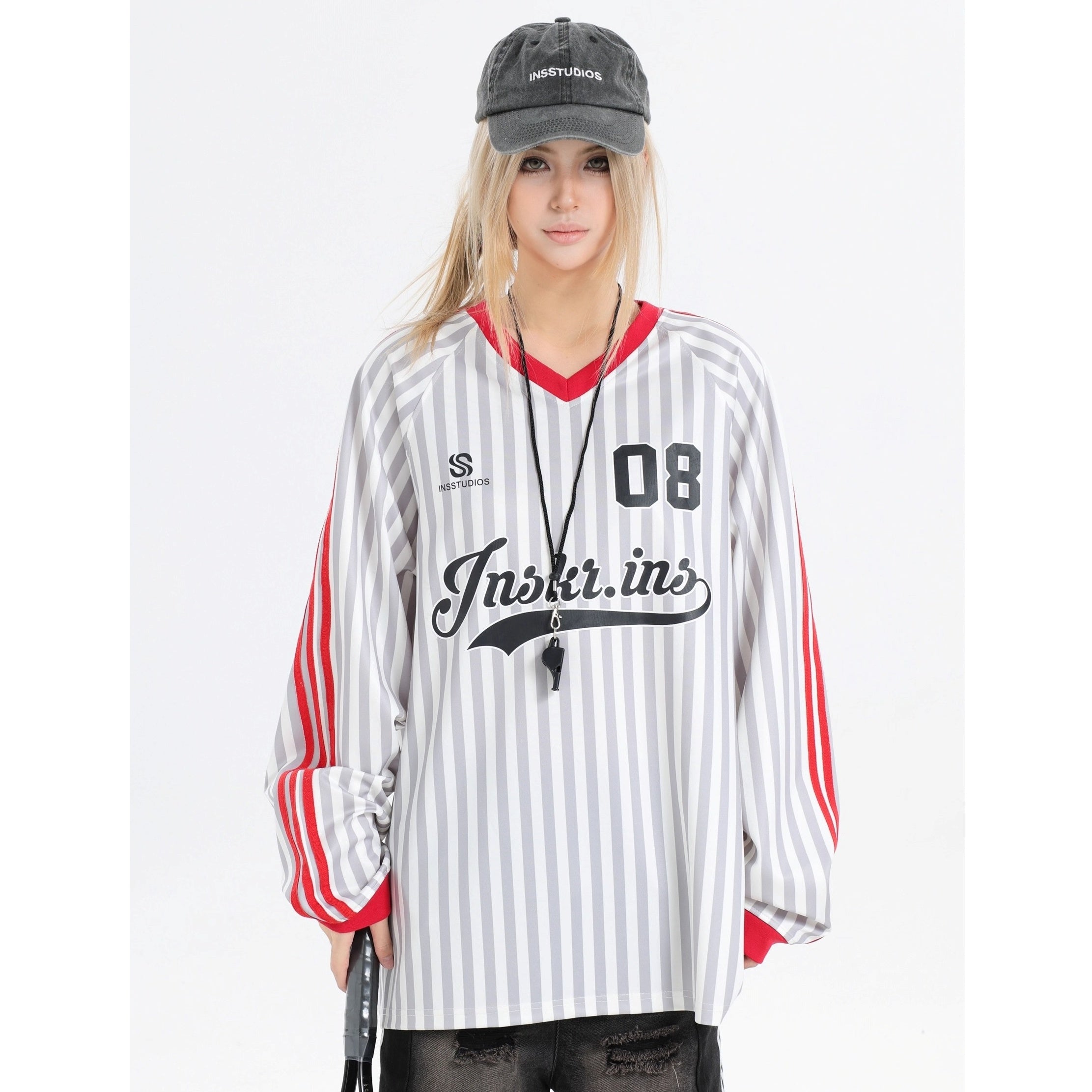 Stripe V-Neck Long Sleeve Sporty T-Shirt IN7073
