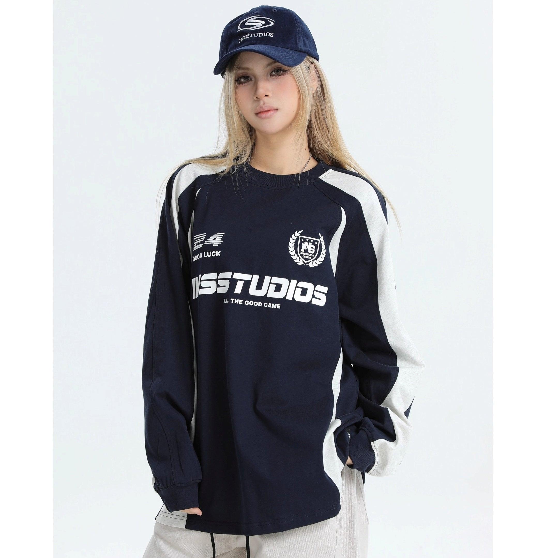 Contrasting Stitching Racing LOGO Long Sleeve T-shirt IN7074