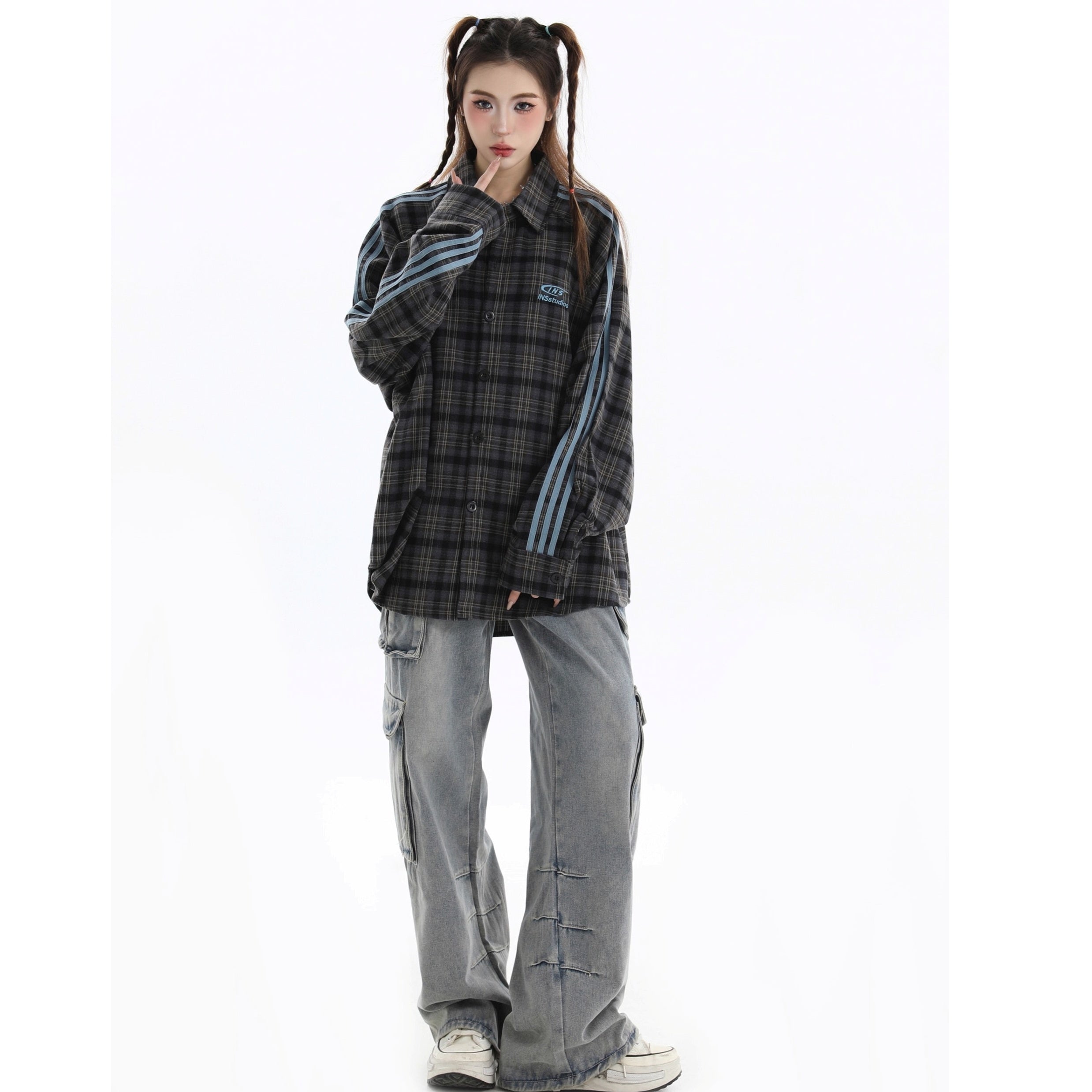 Three-bar Plaid Loose Shirt IN7077