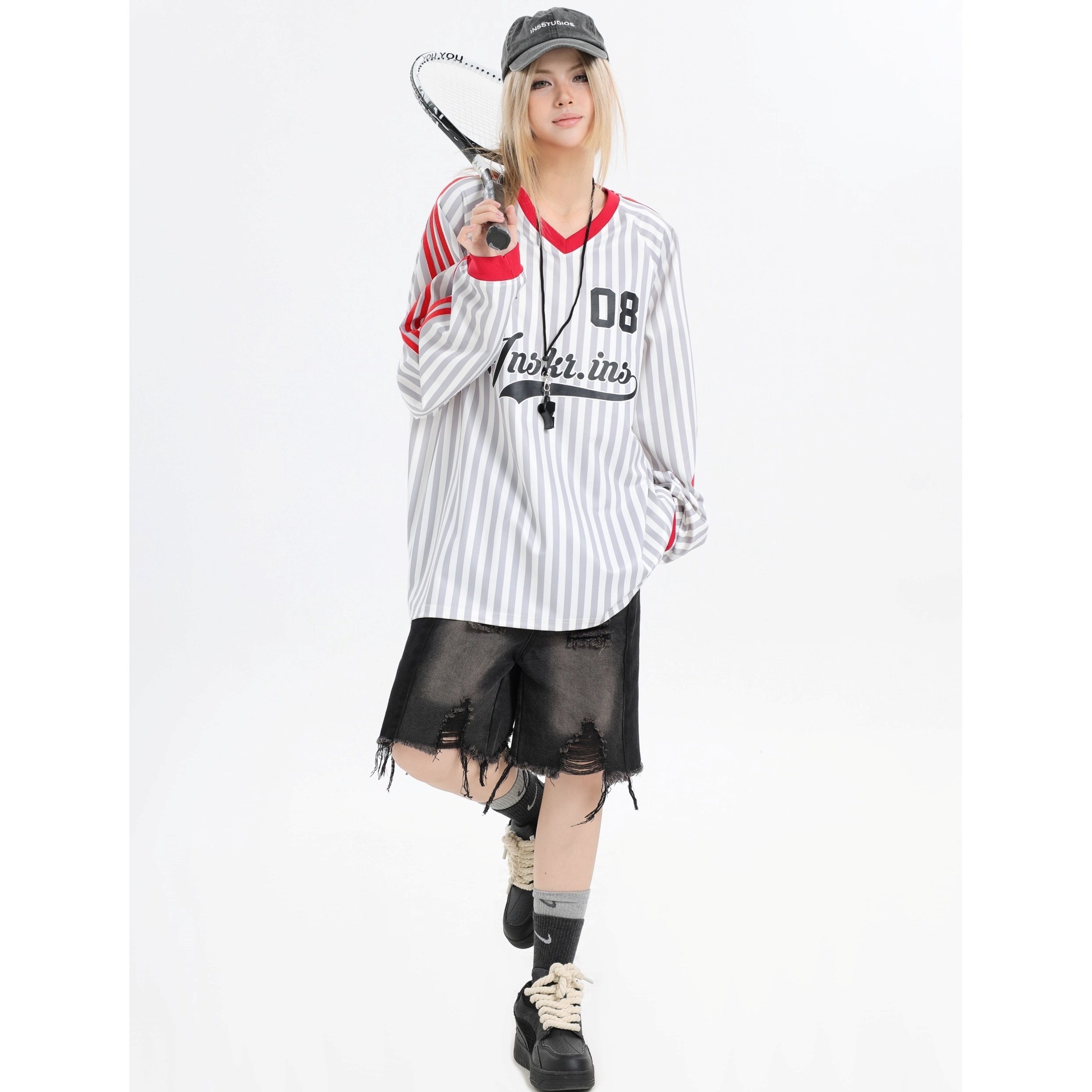 Stripe V-Neck Long Sleeve Sporty T-Shirt IN7073