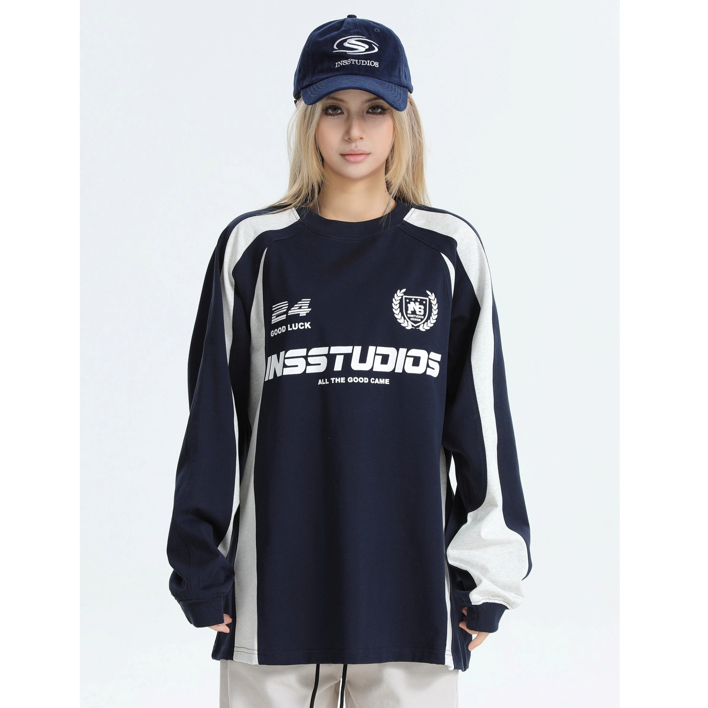 Contrasting Stitching Racing LOGO Long Sleeve T-shirt IN7074