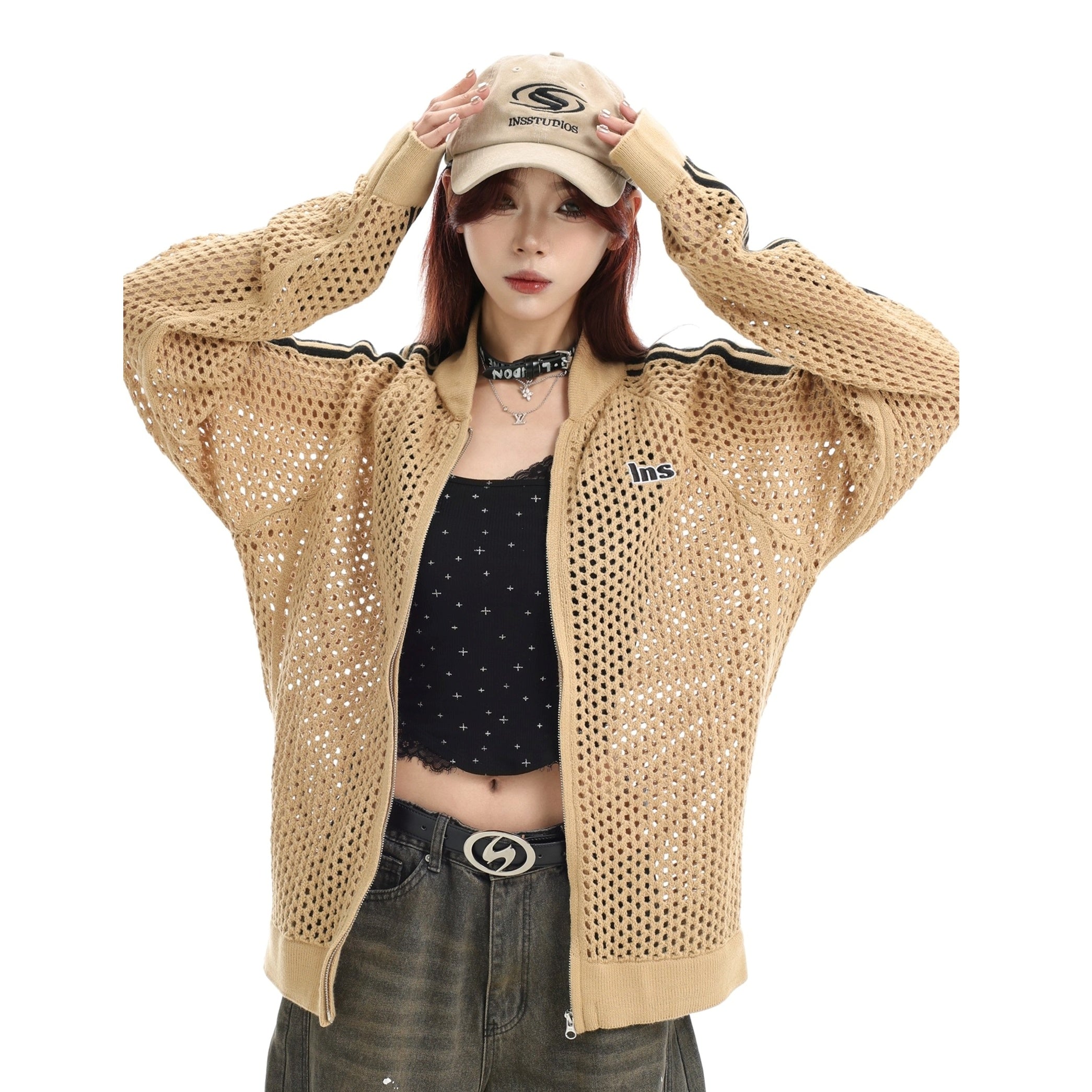 Raglan Mesh Cutout Cardigan Jacket IN7076