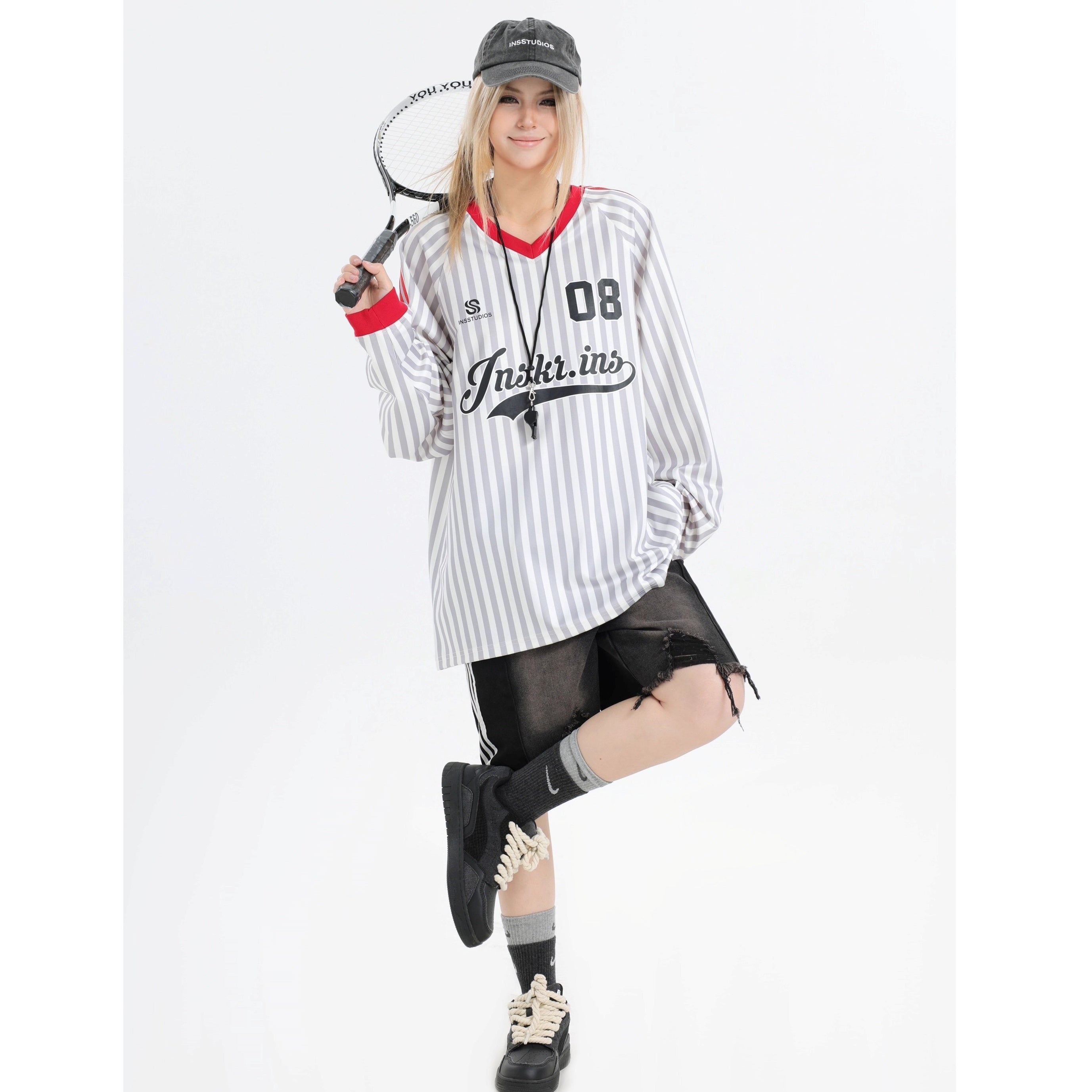 Stripe V-Neck Long Sleeve Sporty T-Shirt IN7073