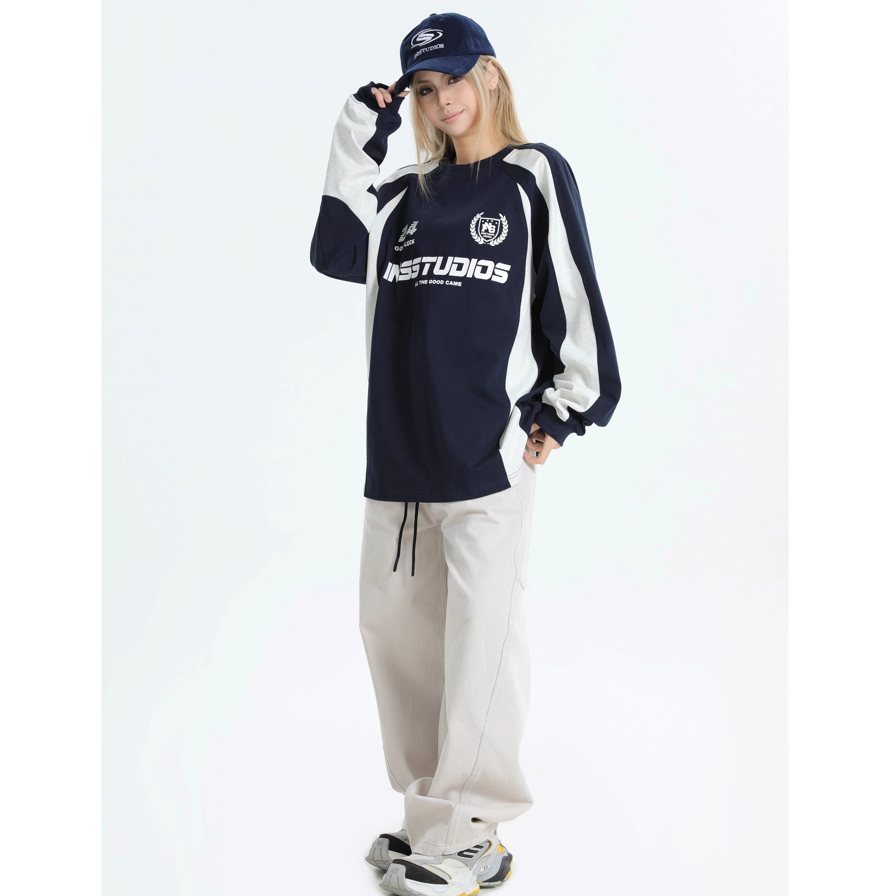 Contrasting Stitching Racing LOGO Long Sleeve T-shirt IN7074