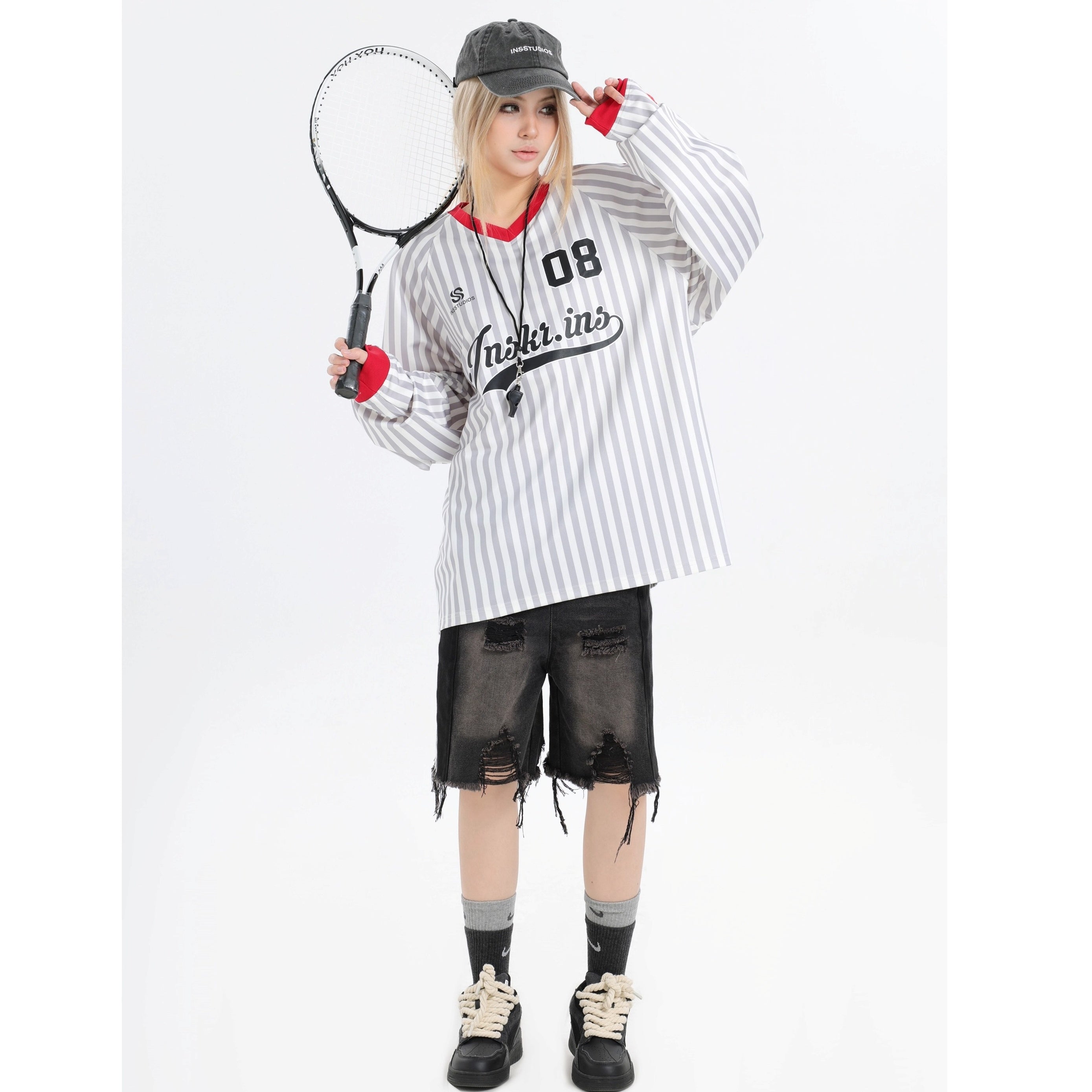 Stripe V-Neck Long Sleeve Sporty T-Shirt IN7073