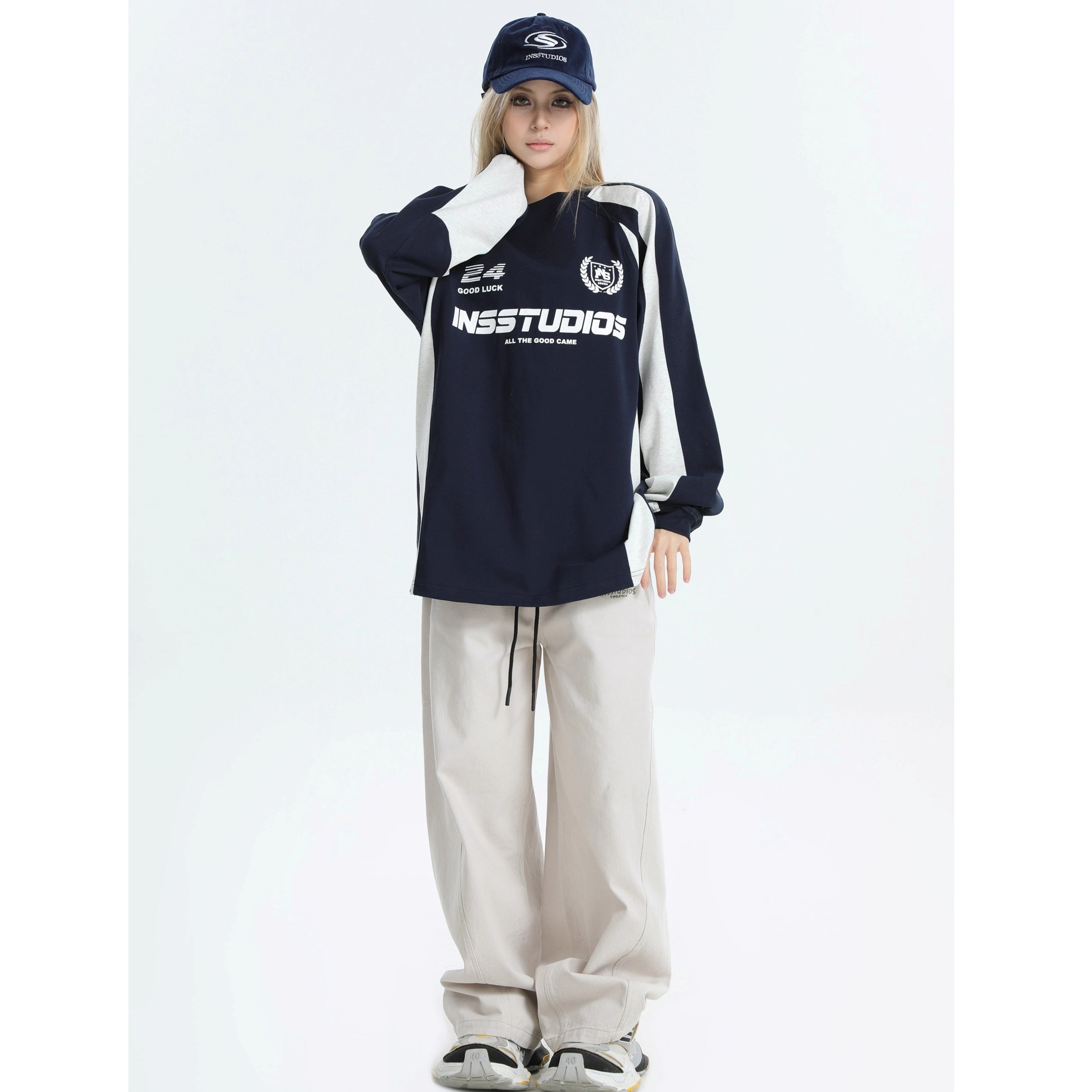 Contrasting Stitching Racing LOGO Long Sleeve T-shirt IN7074