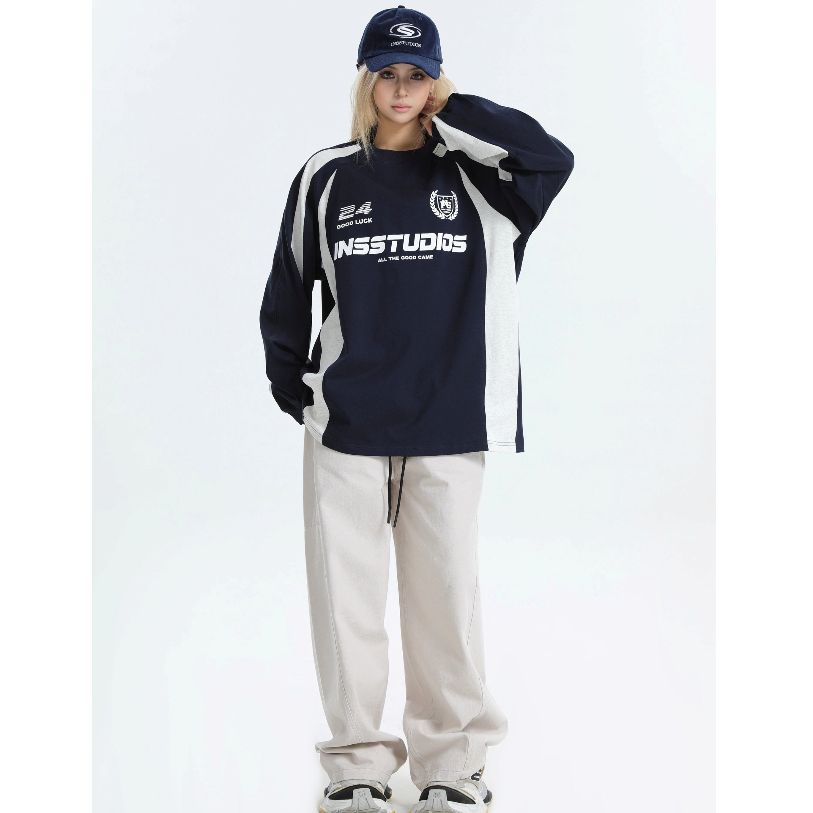Contrasting Stitching Racing LOGO Long Sleeve T-shirt IN7074