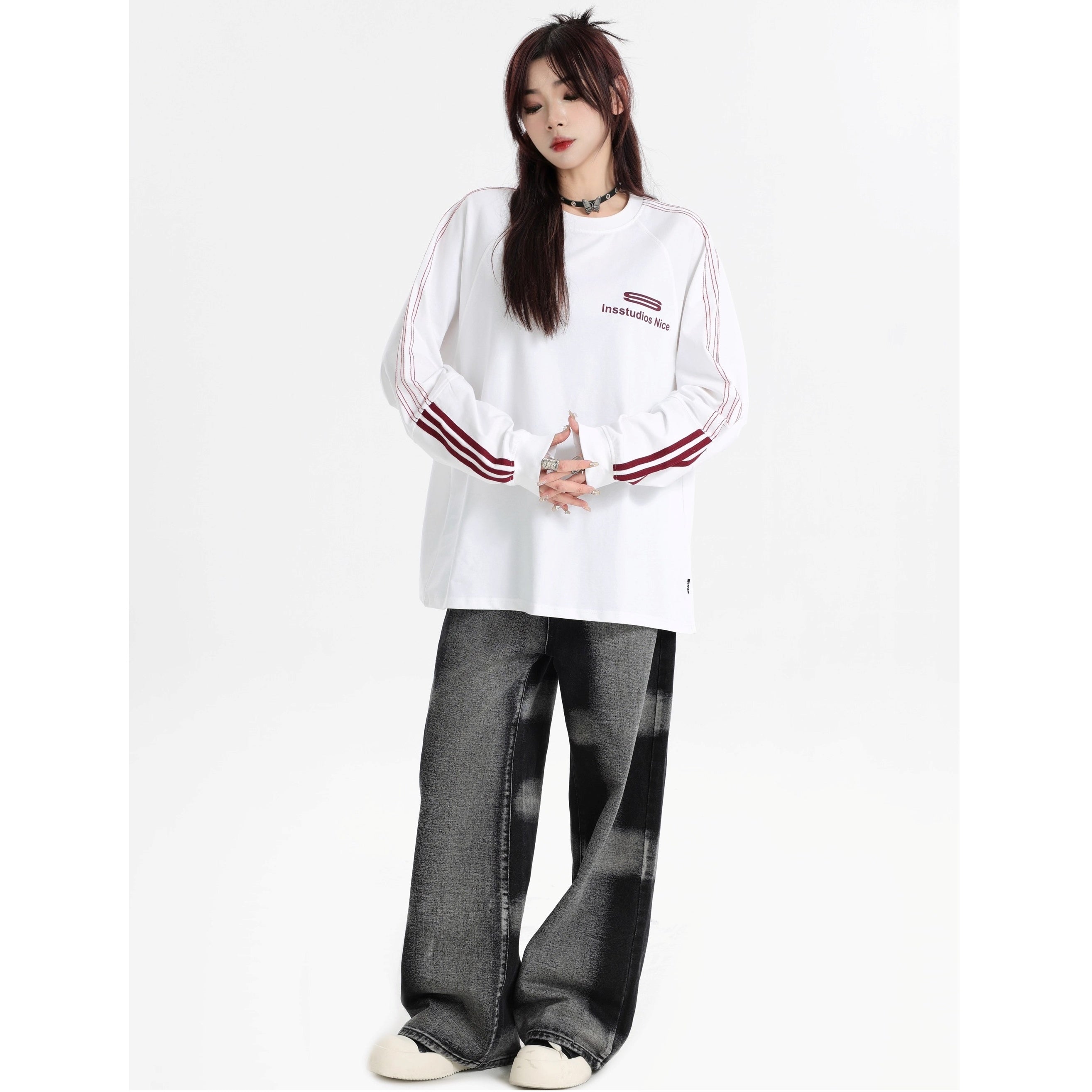 Dotted Line Three Bars LOGO Raglan Long Sleeve T-Shirt IN7071