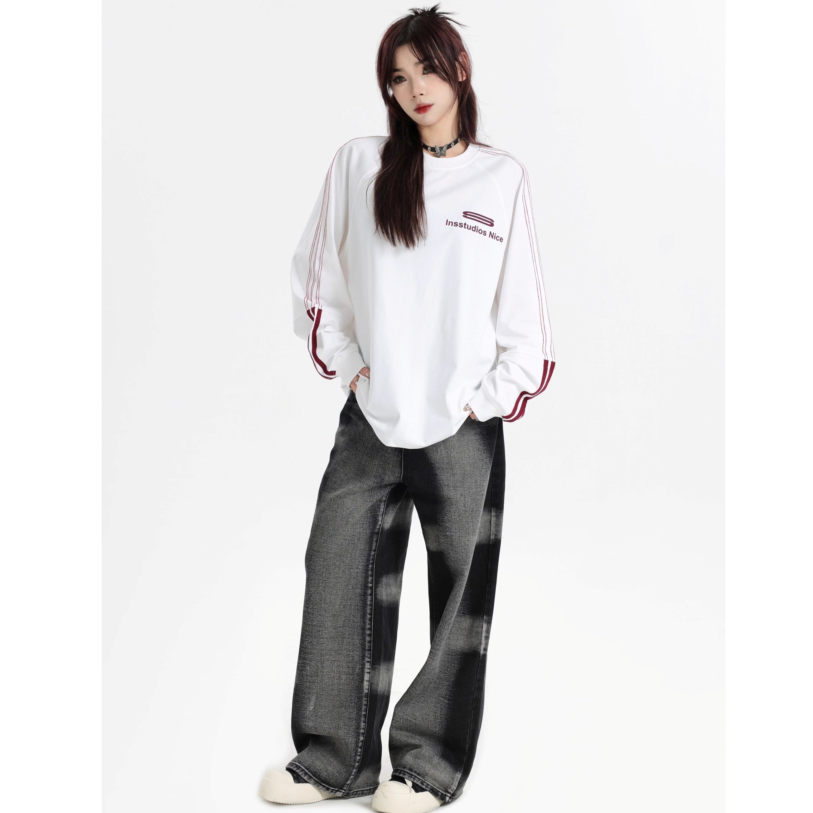 Dotted Line Three Bars LOGO Raglan Long Sleeve T-Shirt IN7071