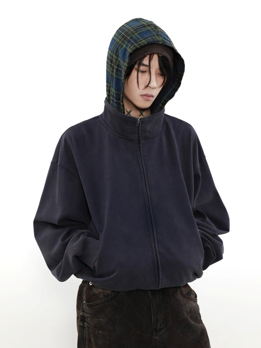 Check Hooded Stand Collar ZIP-Up Parka MB7234