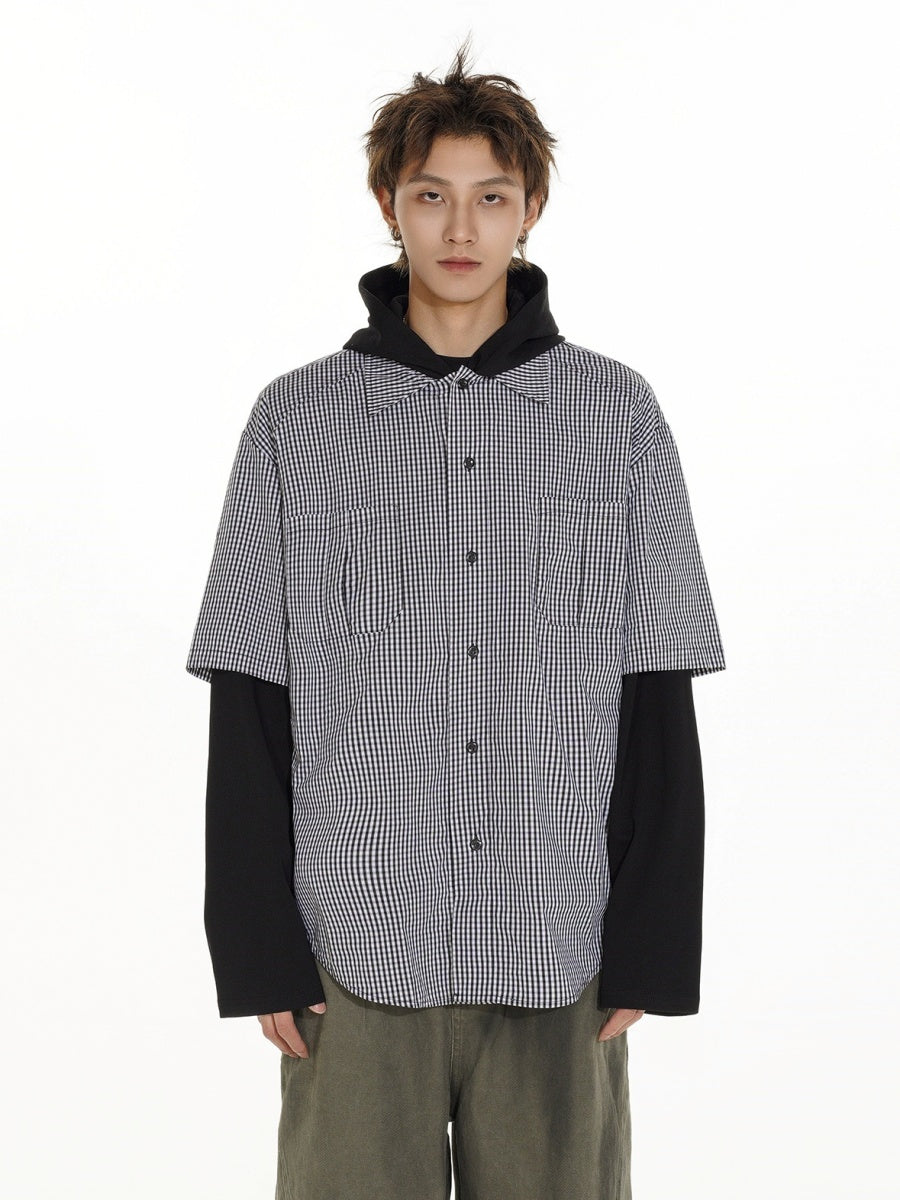 Fake Layered Plaid Shirt Hooded Pullover MB7143