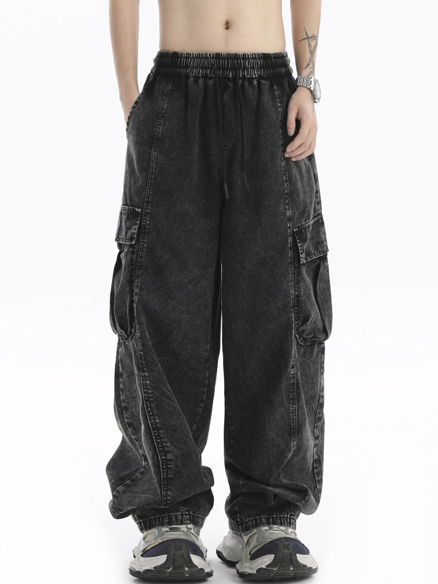 Wash Loose Wide Leg Drawstring Cargo Jeans IN7018