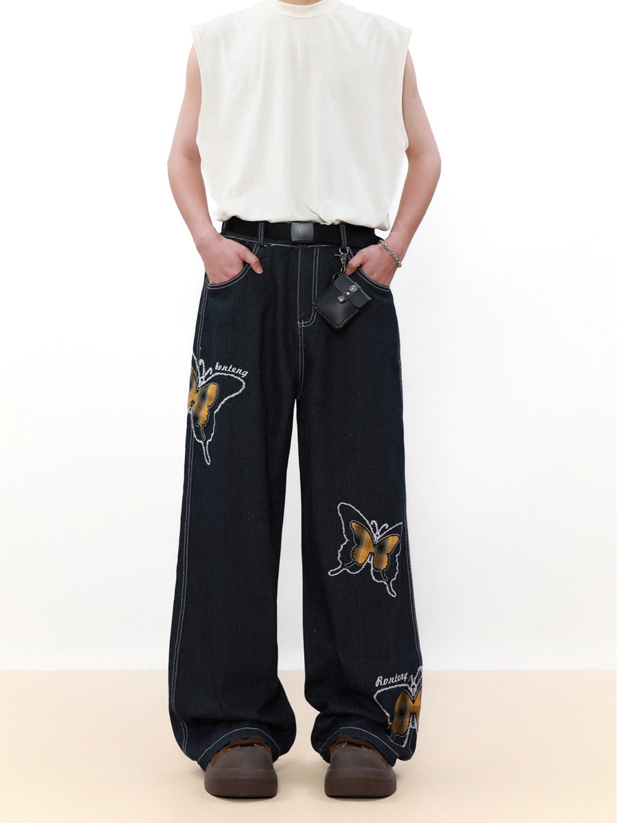 Butterfly Embroidery Loose Straight Jeans MB7052