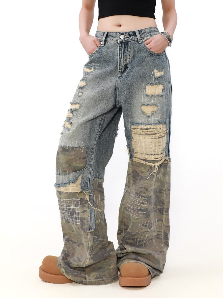 Splicing Camouflage Destruction Whiskering Jeans MB7206