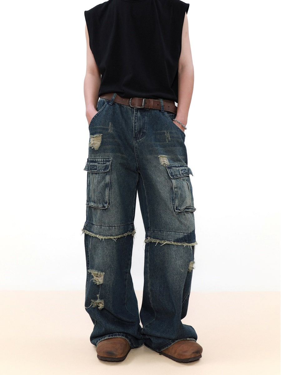 Raw Edge Stitched Ripped Cargo Jeans MB7041