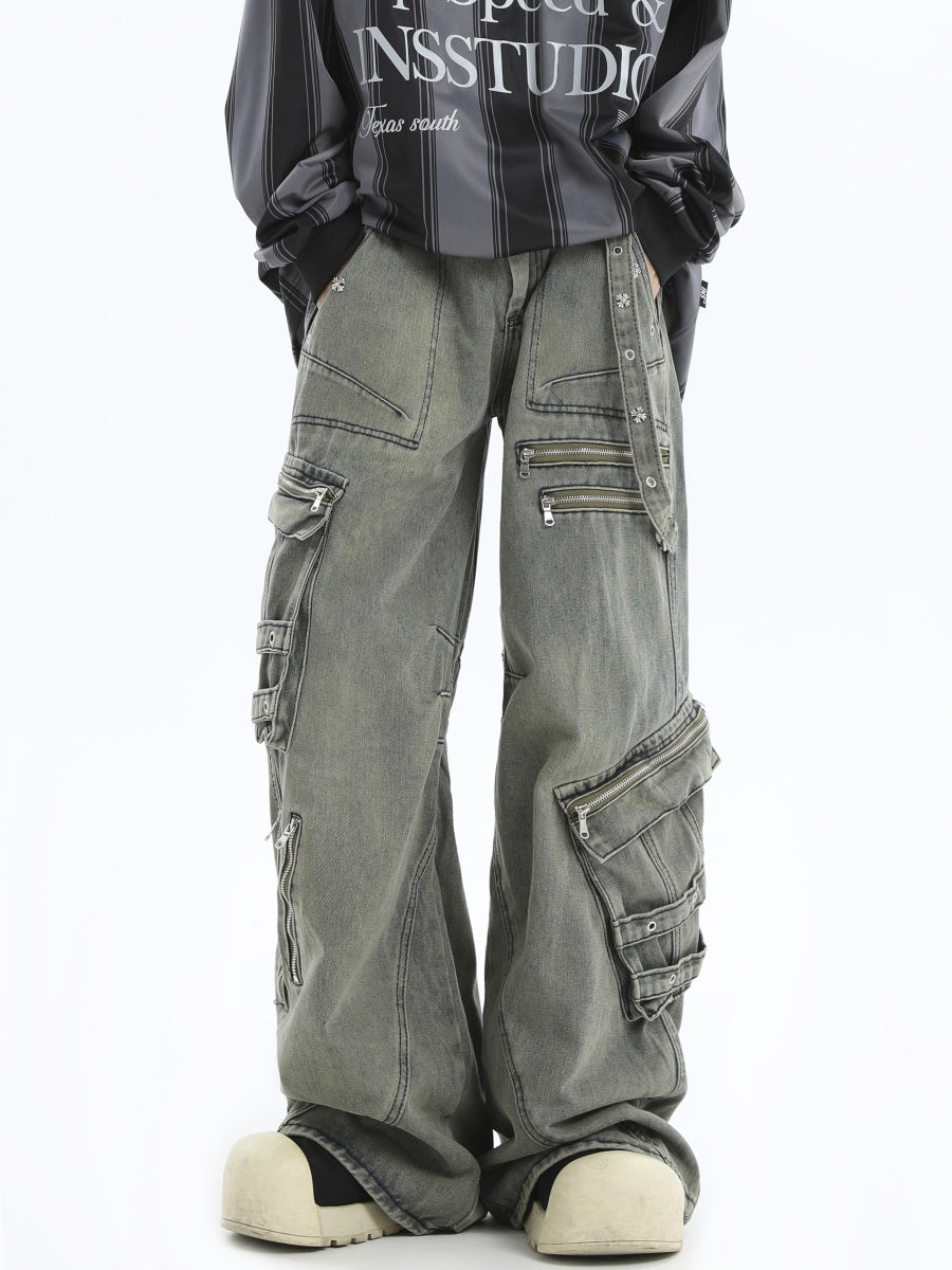 Double Waist Zipper Multi-Pocket Jeans IN7040