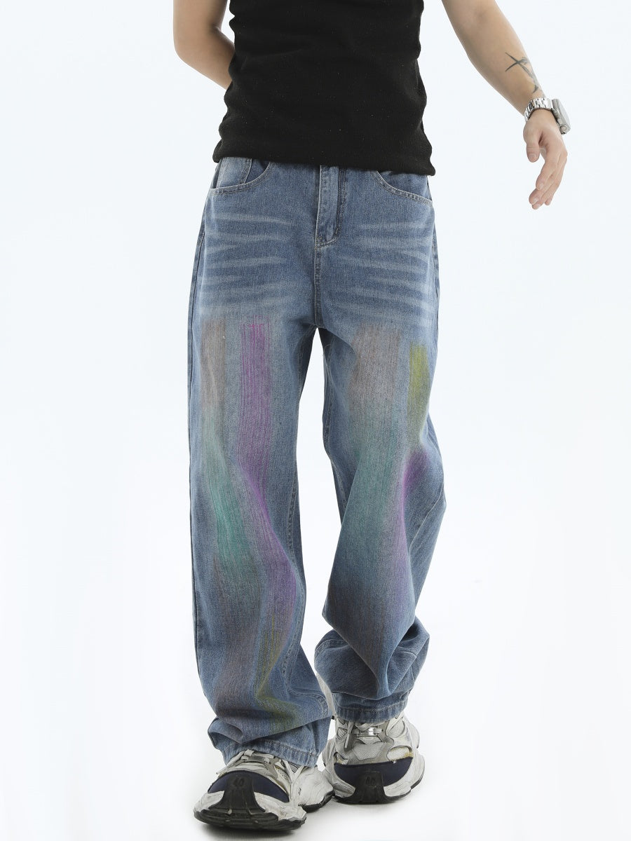 Painted Graffiti Washed Loose Straight Jeans IN7043